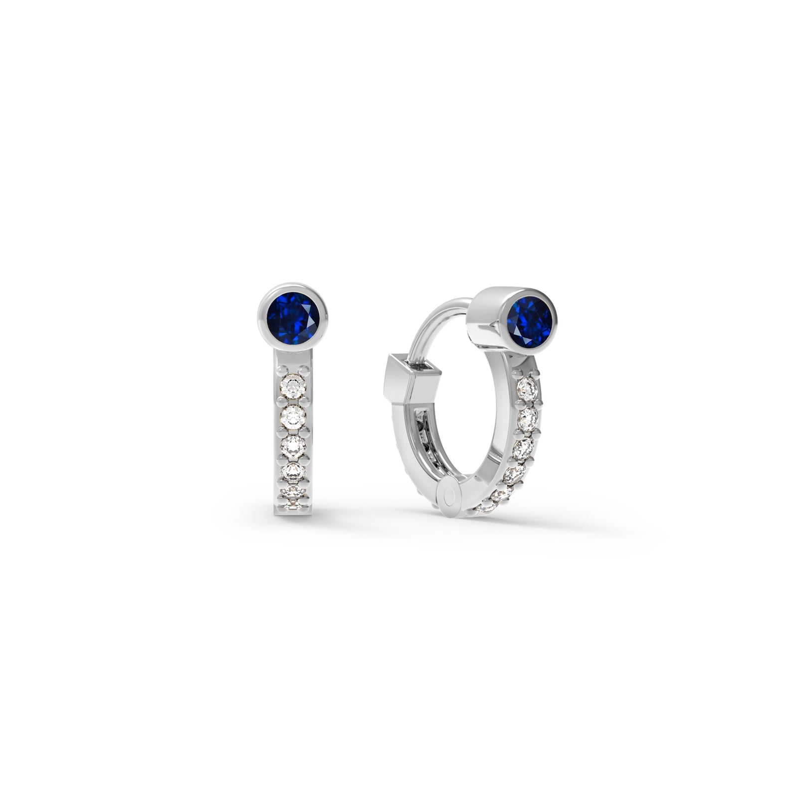 Tiny Sapphire Huggie Hoops with Diamonds in 14k Gold (September)