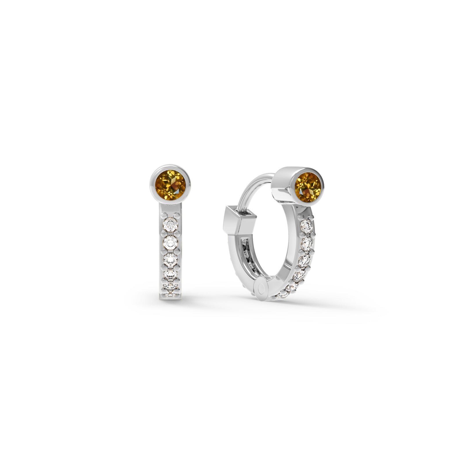 Tiny Citrine Huggie Hoops with Diamonds in 14k Gold (November)