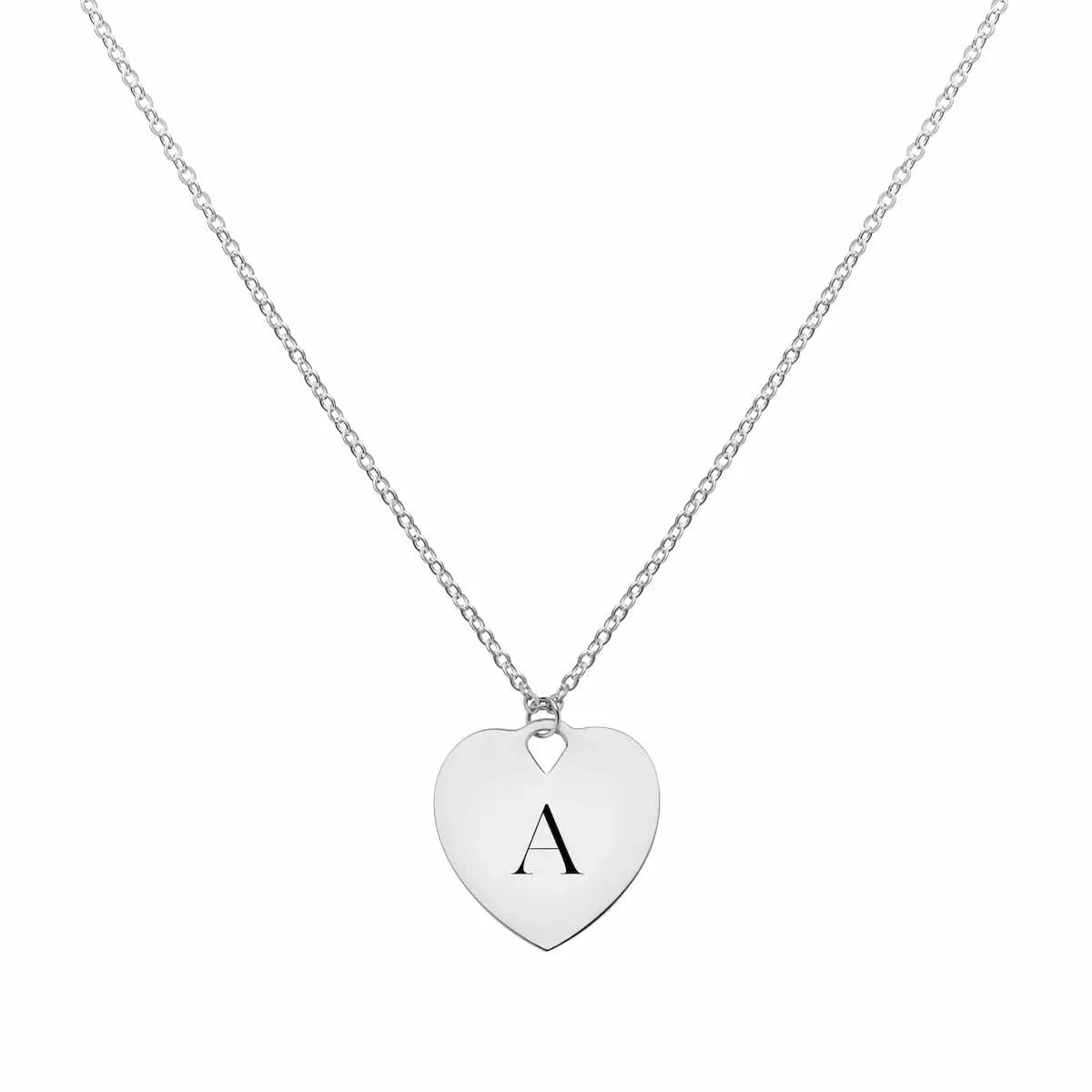 14k white gold cable chain necklace featuring one 16 x 15 mm flat heart pendant engraved with the letter A
