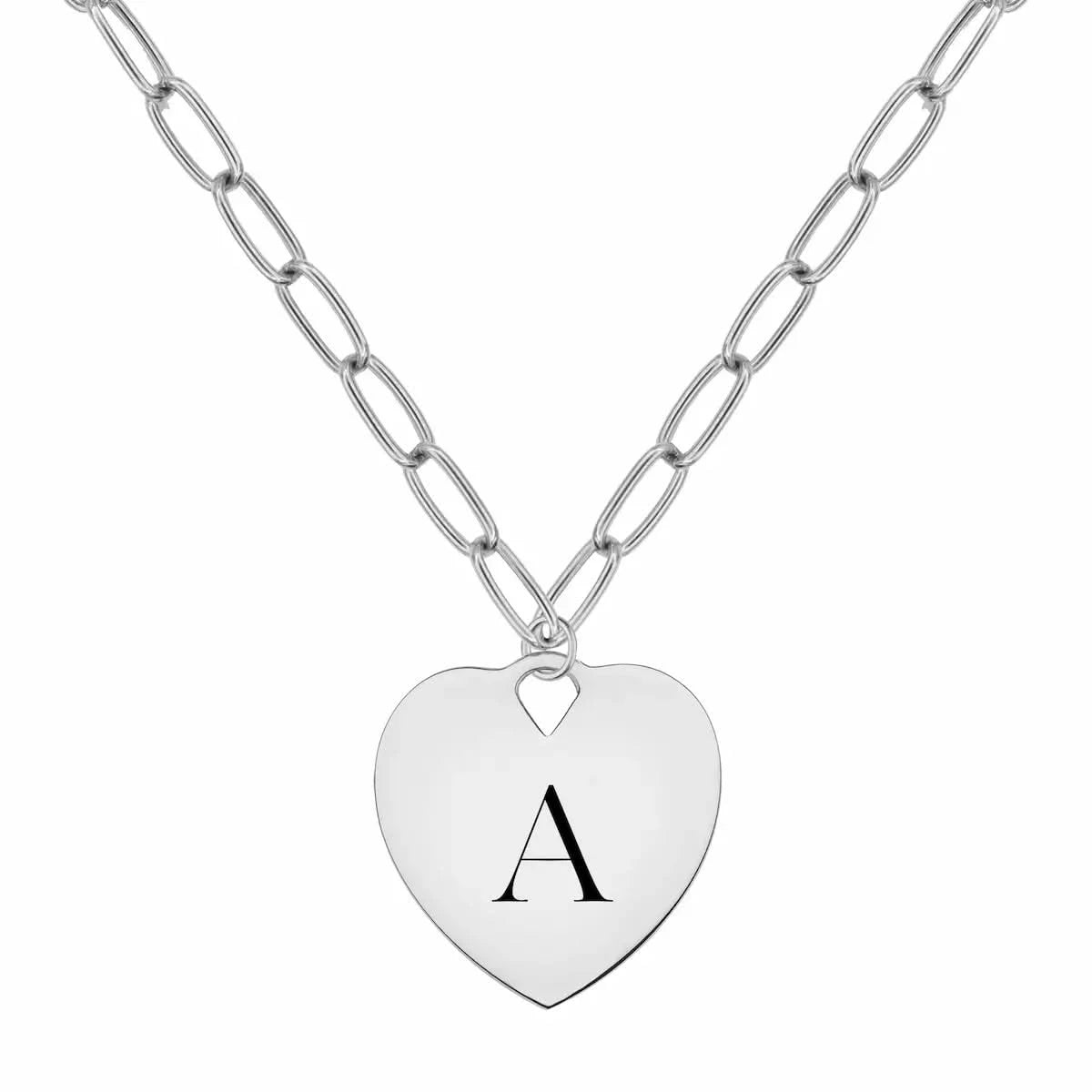 14k white gold adelaide necklace with a 23 x 24.5 mm large flat heart pendant engraved with "A" - front view