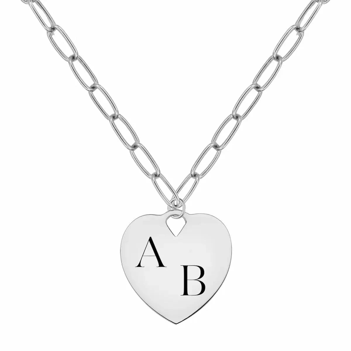 14k white gold adelaide necklace with a 23 x 24.5 mm large flat heart pendant engraved with "AB" - front view