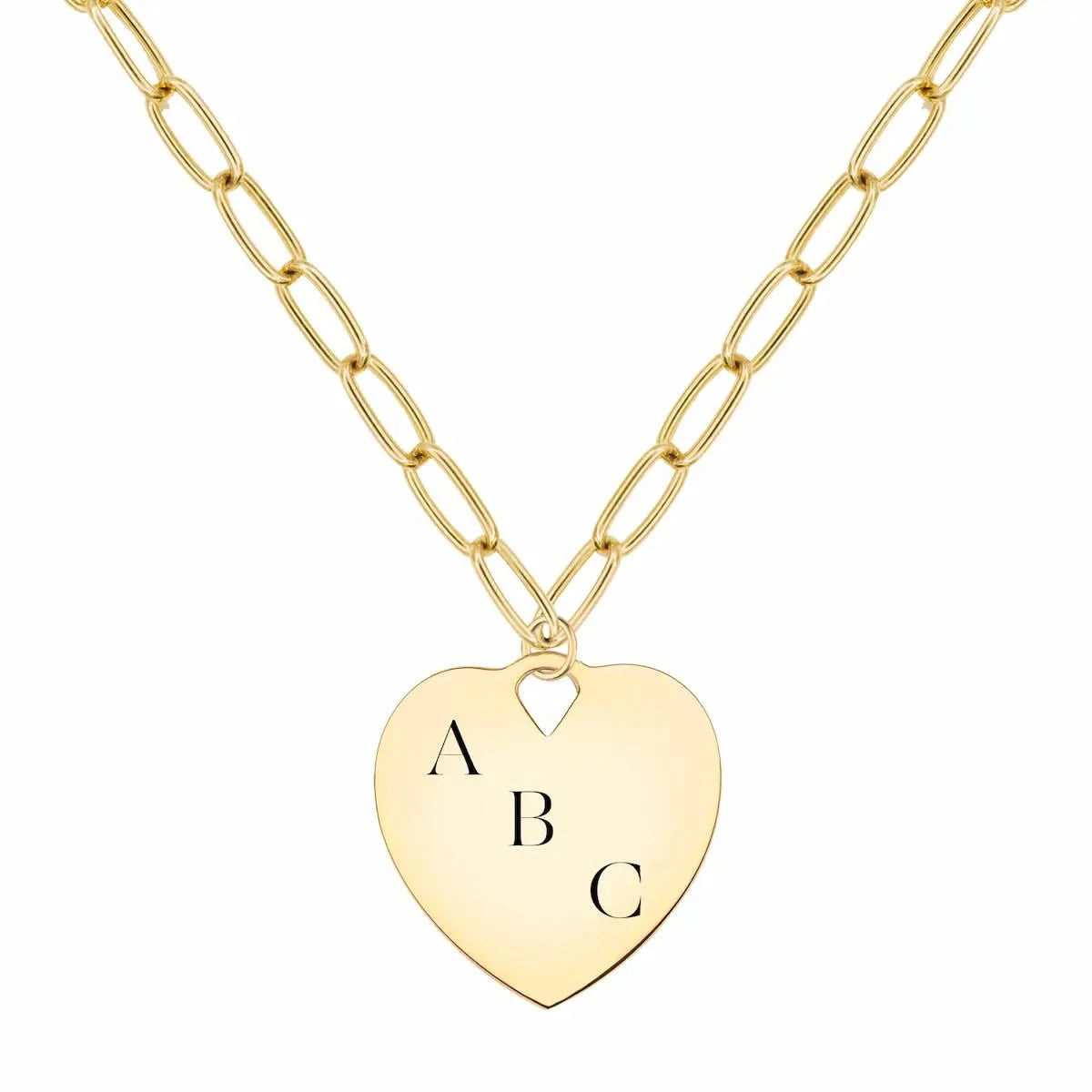 Engravable Large Flat Heart Pendant in 14k gold on an Adelaide chain, engraved with initials A, B, and C.