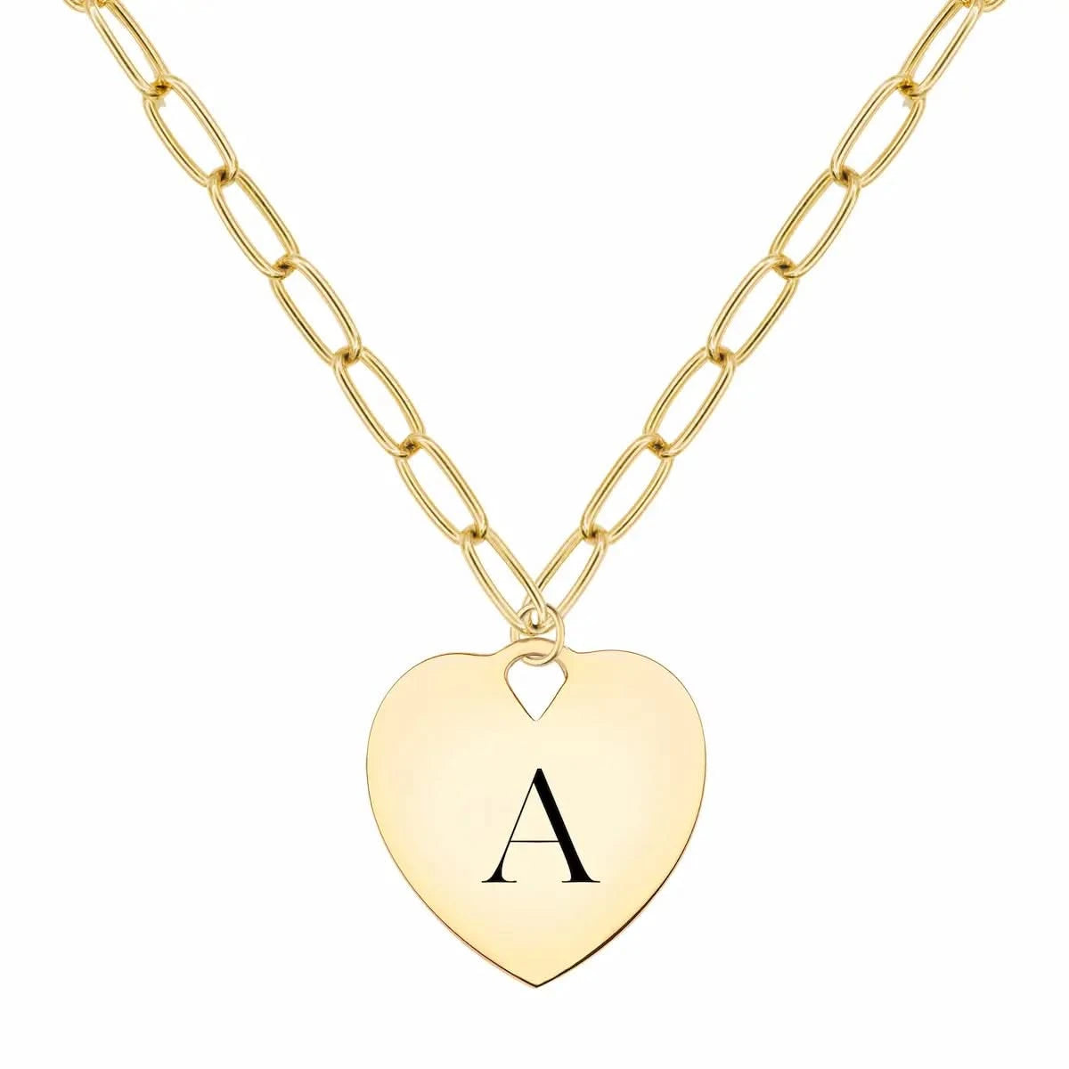 14k yellow gold adelaide necklace with a 23 x 24.5 mm large flat heart pendant engraved with "A" - front view