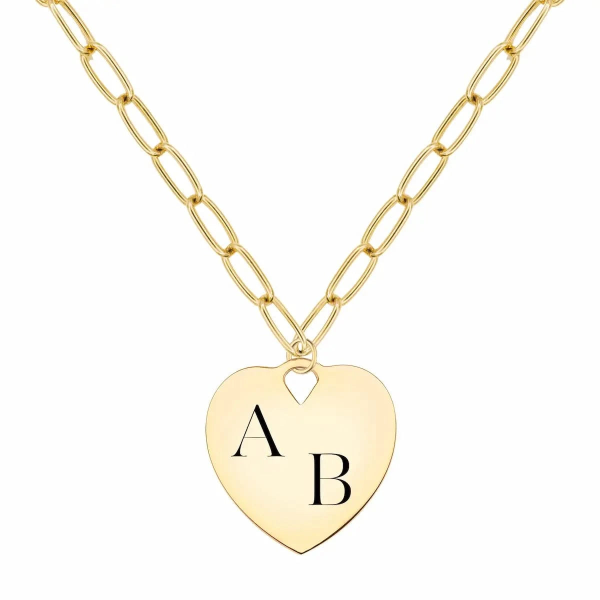 14k yellow gold adelaide necklace with a 23 x 24.5 mm large flat heart pendant engraved with "AB" - front view