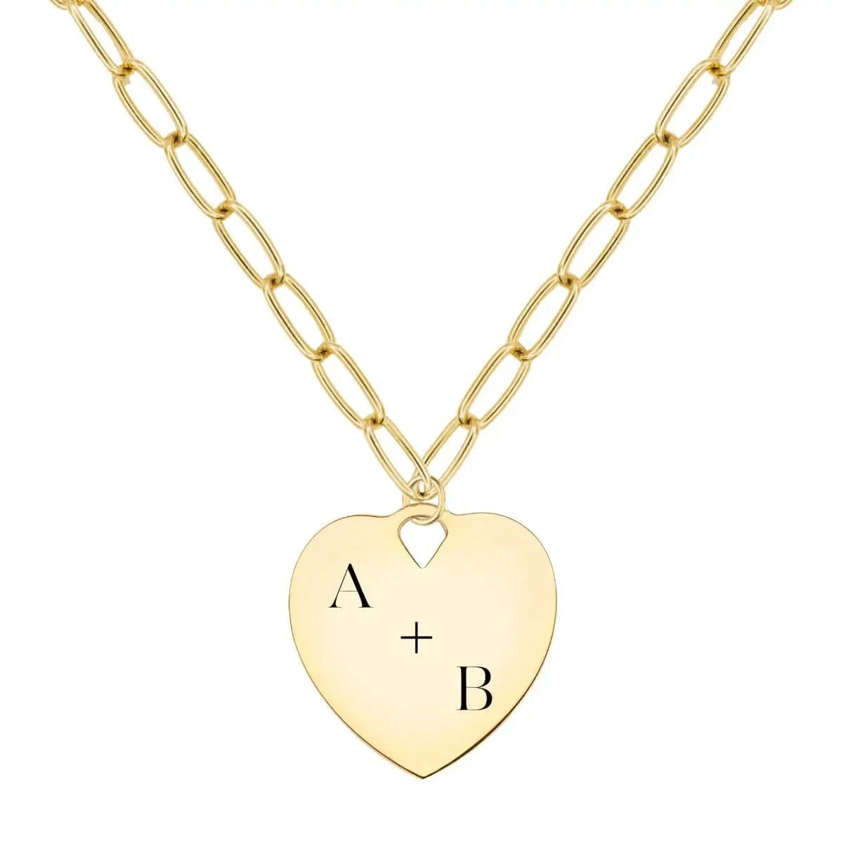 14k yellow gold heart pendant engraved with “A + B” on an Adelaide chain, symbolizing a couple’s initials.