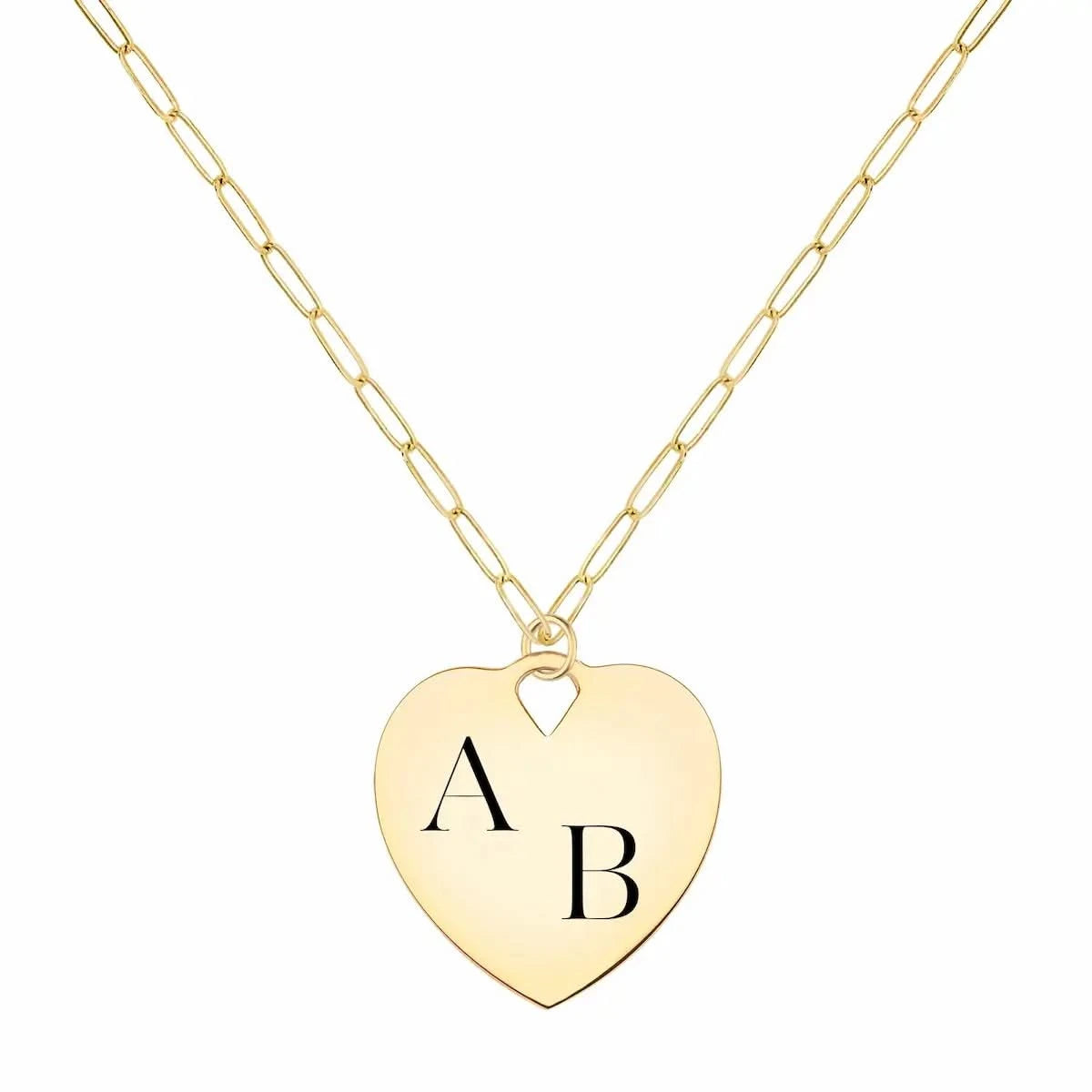 14k yellow gold mini adelaide necklace with a 23 x 24.5 mm large flat heart pendant engraved with "AB" - front view