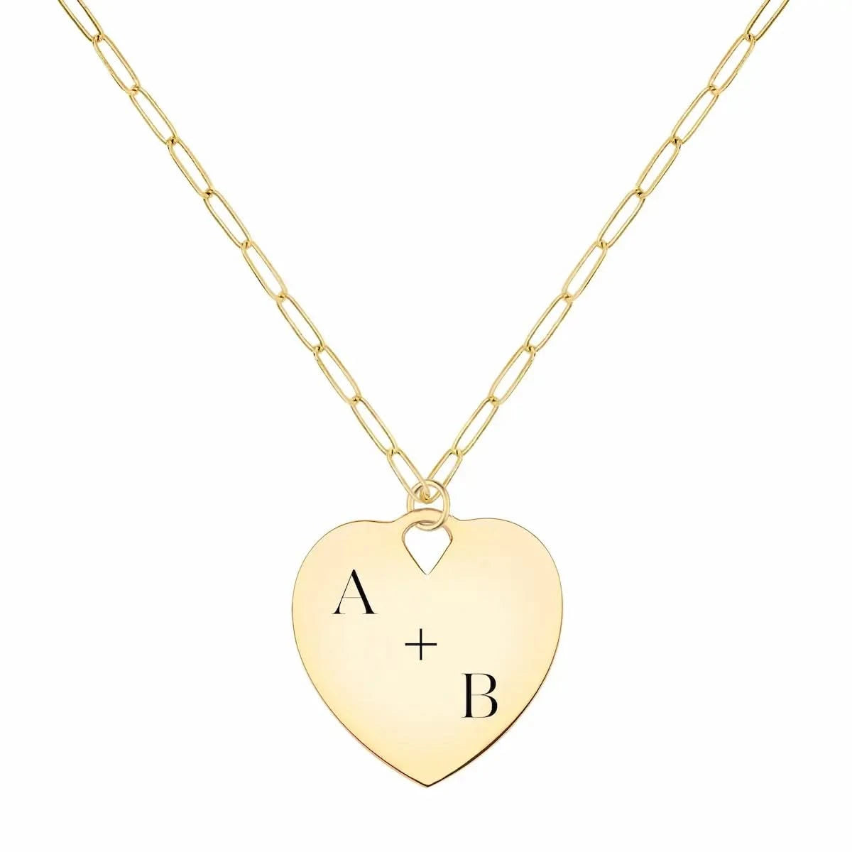 14k yellow gold mini adelaide necklace with a 23 x 24.5 mm large flat heart pendant engraved with "A + B" - front view