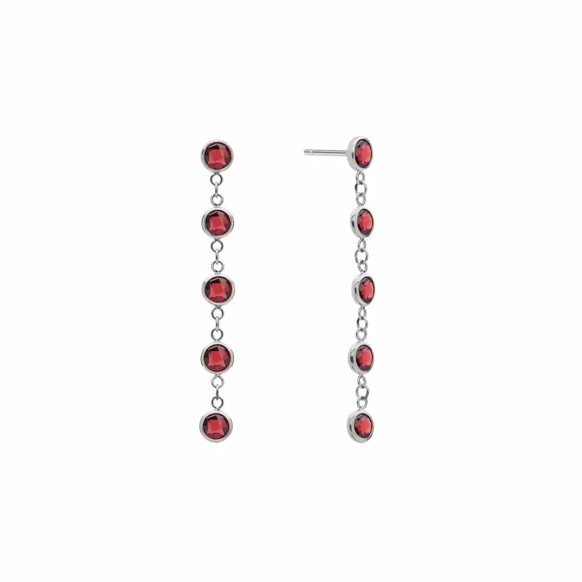 A pair of Newport earrings each featuring five 4 mm briolette cut garnets bezel set in 14k white gold
