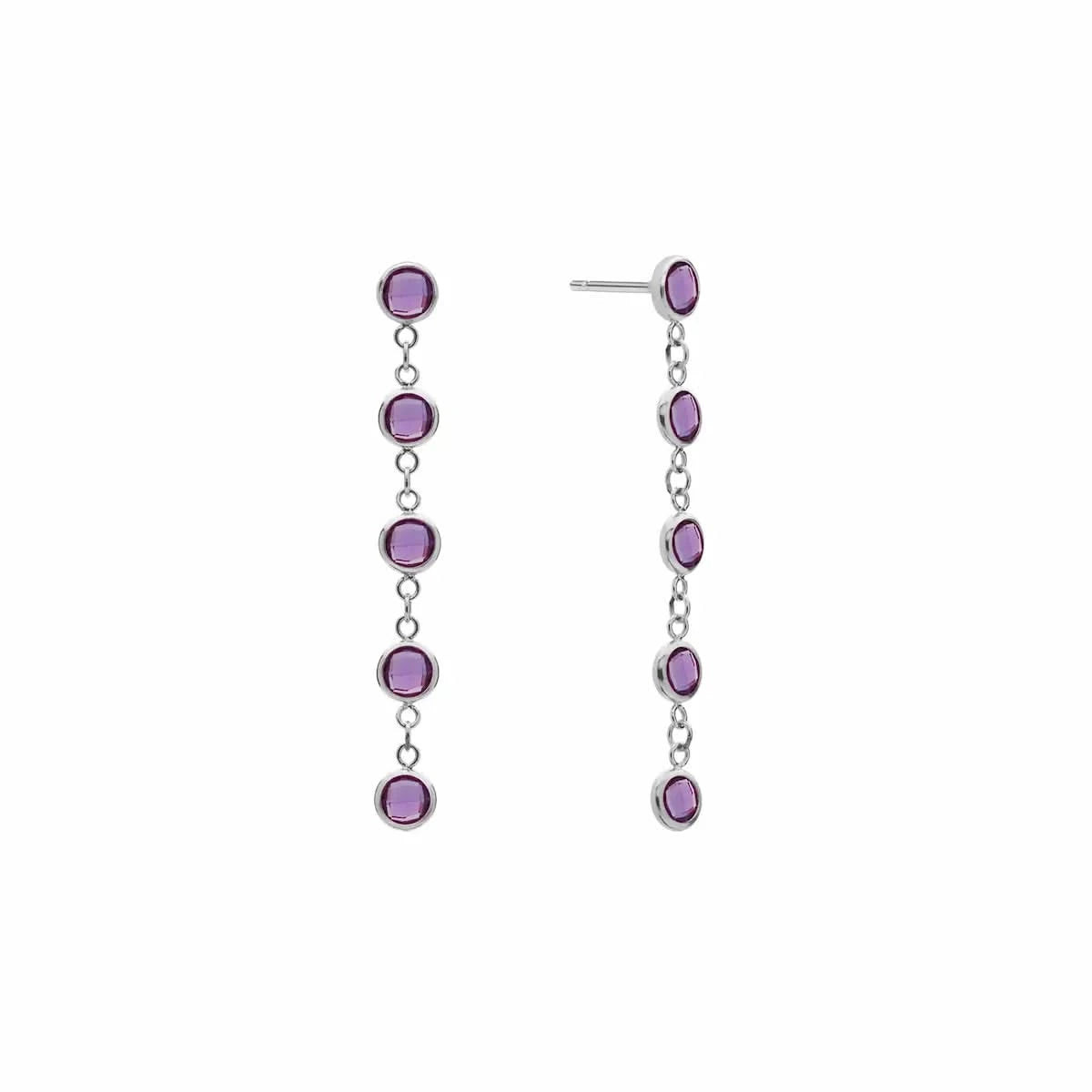 A pair of Newport earrings each featuring five 4 mm briolette cut amethysts bezel set in 14k white gold