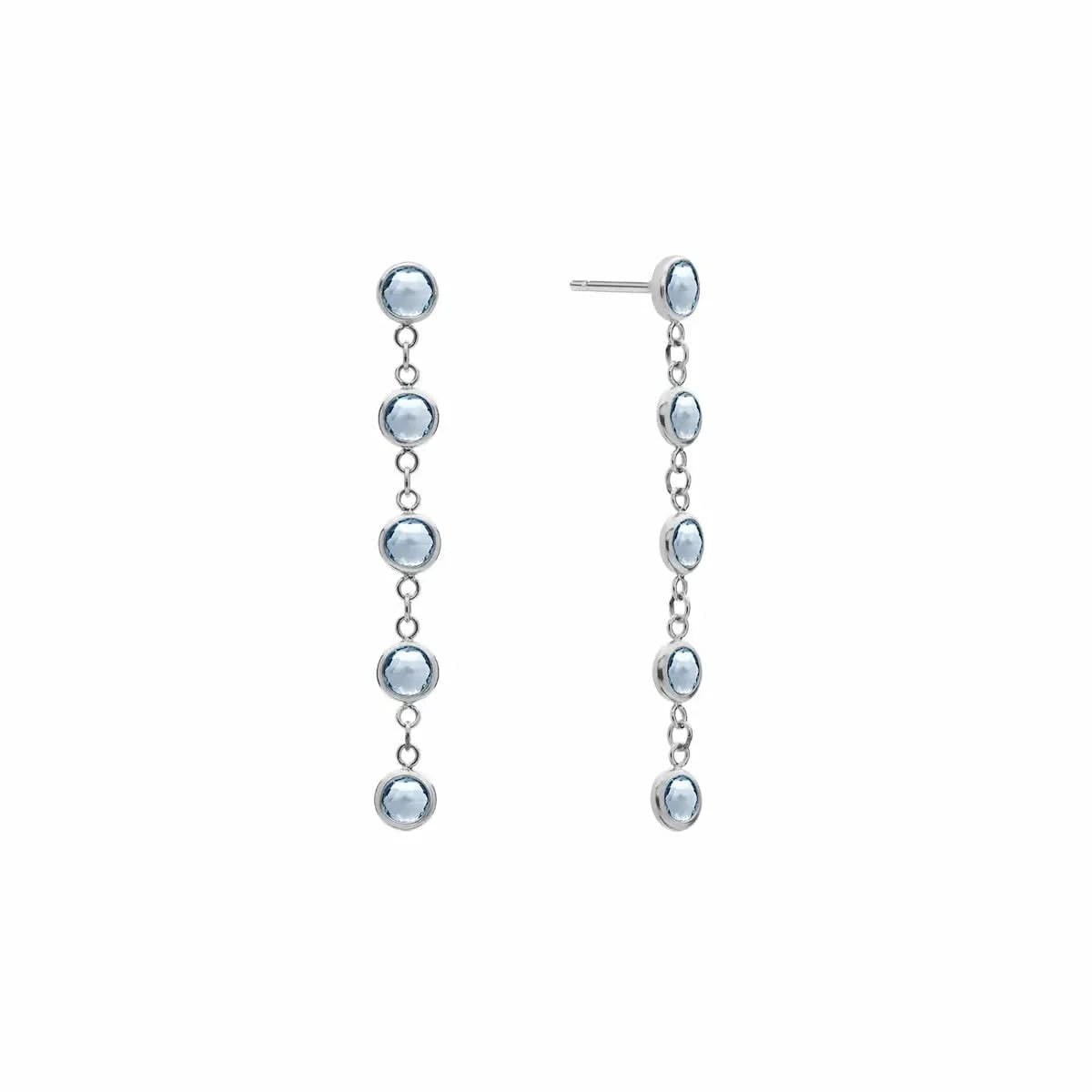 A pair of Newport earrings each featuring five 4 mm briolette cut aquamarines bezel set in 14k white gold