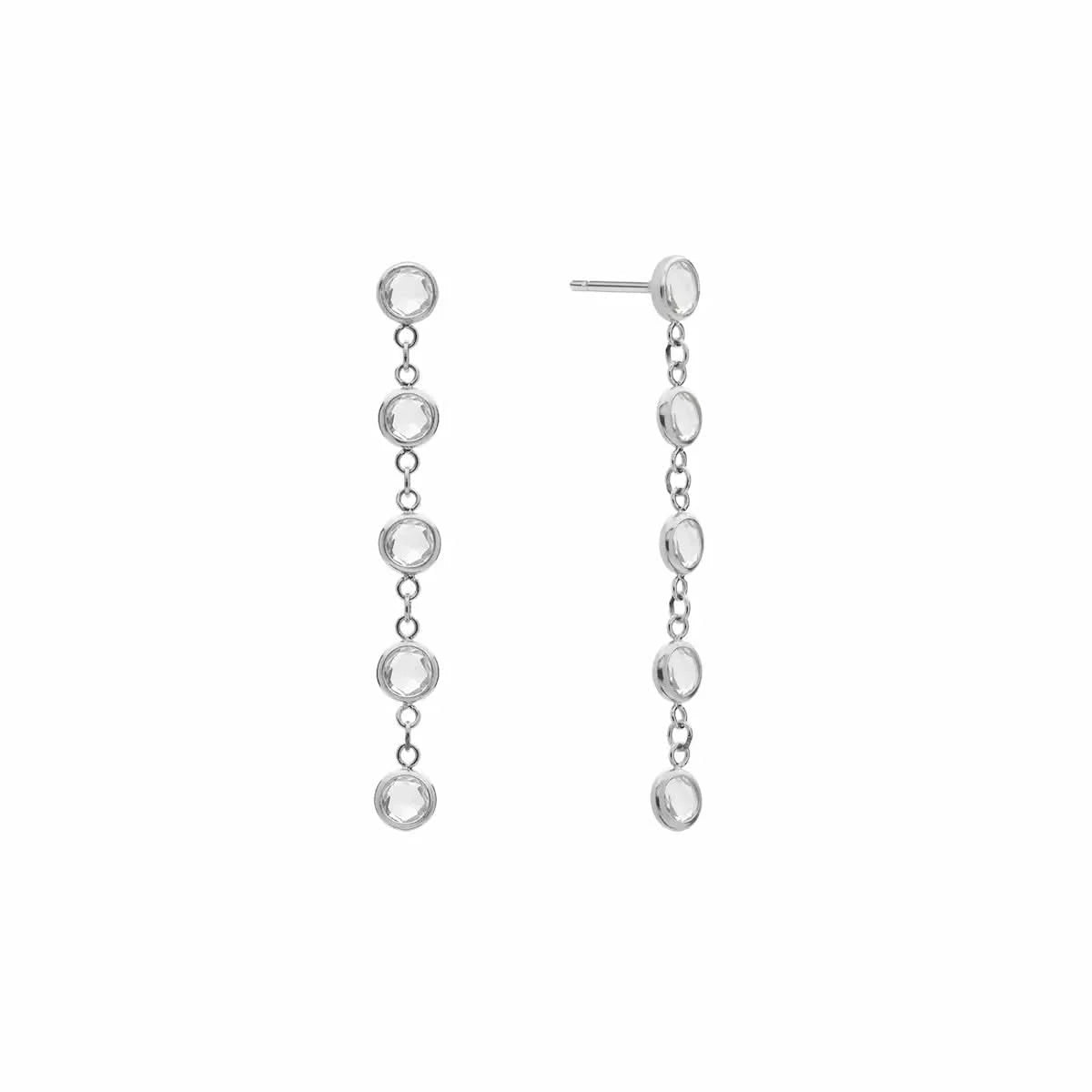 Pair of Newport earrings each featuring five 4 mm briolette cut white topaz bezel set in 14k white gold