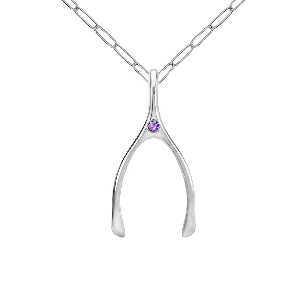 Large Amethyst Wishbone Pendant in Solid 14k Gold (February)