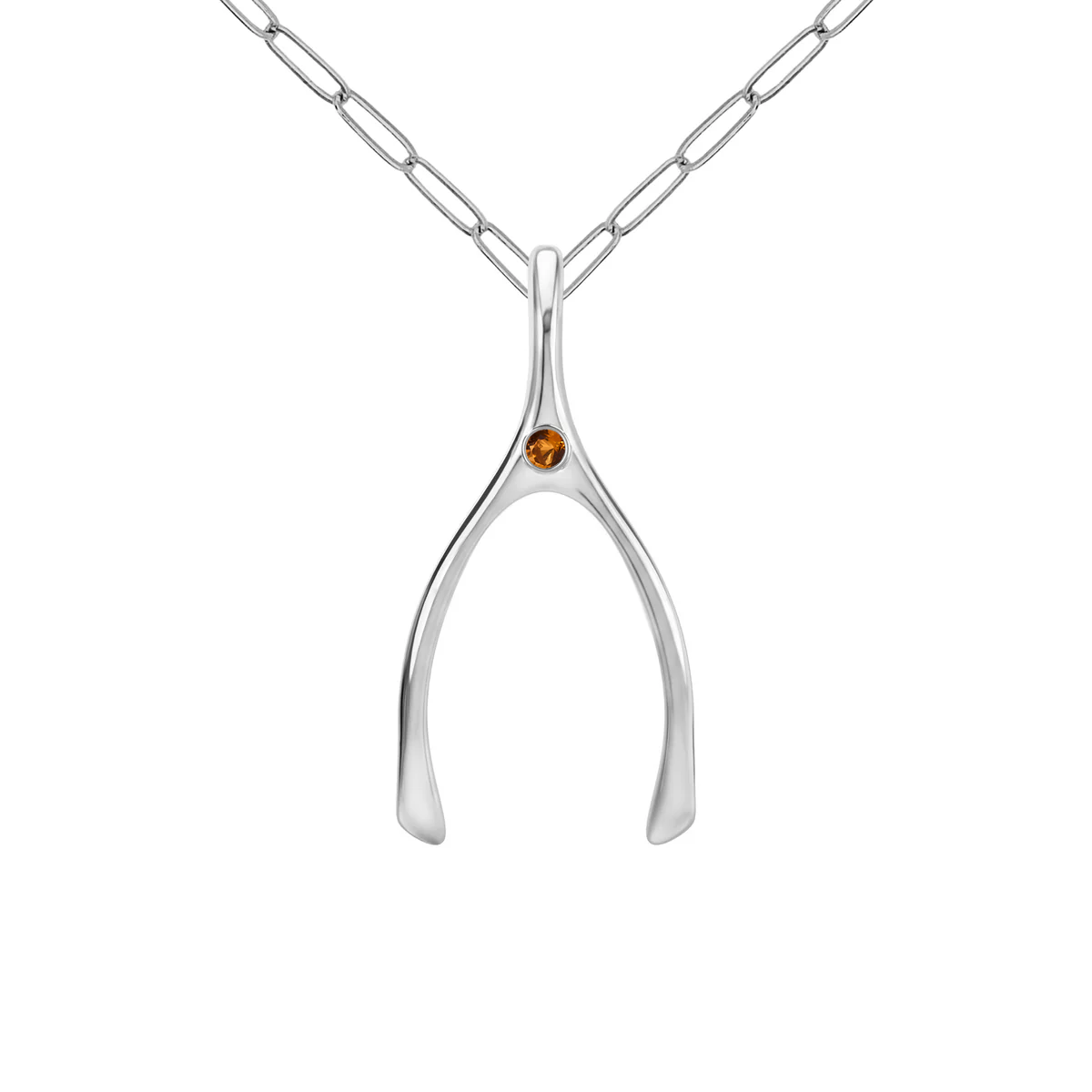 Large Citrine Wishbone Pendant in Solid 14k Gold (November)