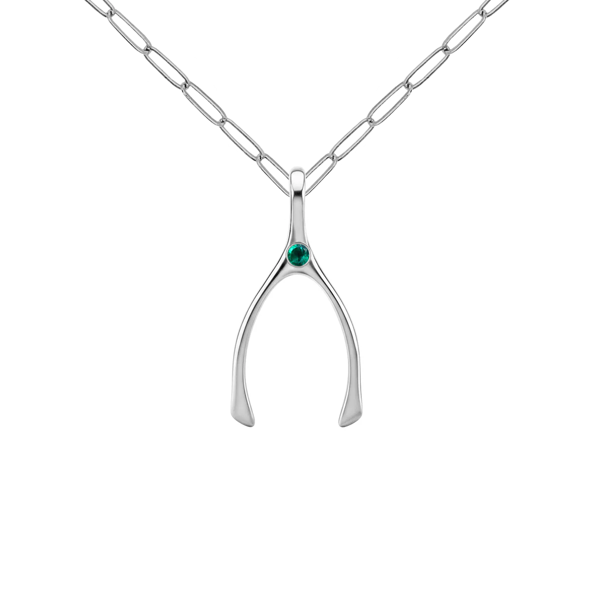 Small Emerald Wishbone Pendant in Solid 14k Gold (May)
