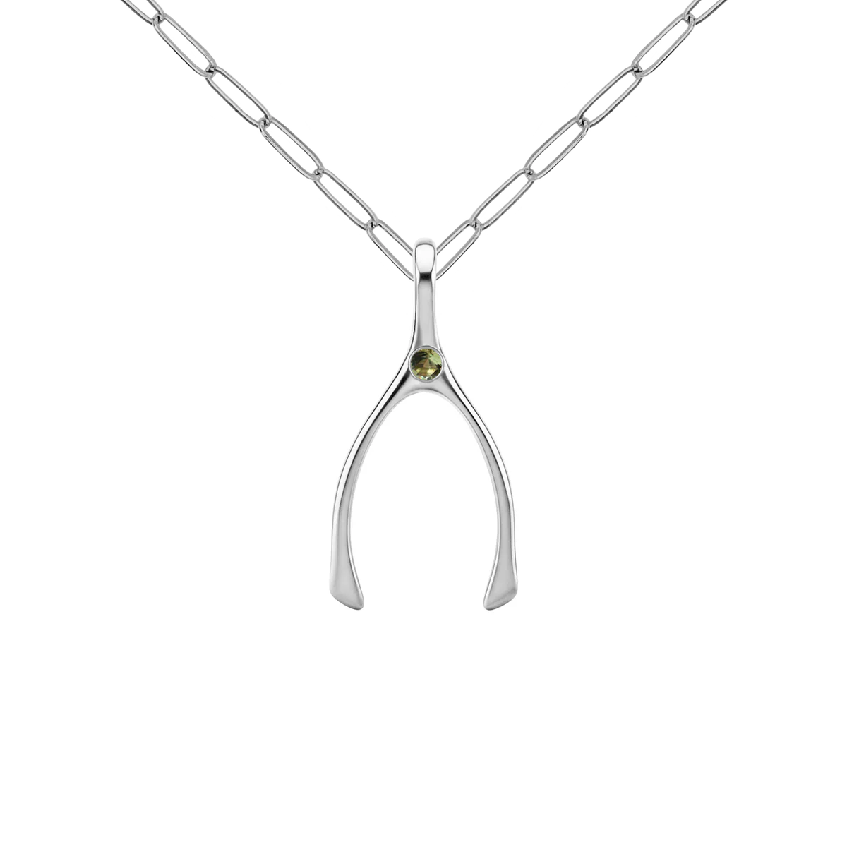 Small Peridot Wishbone Pendant in Solid 14k Gold (August)