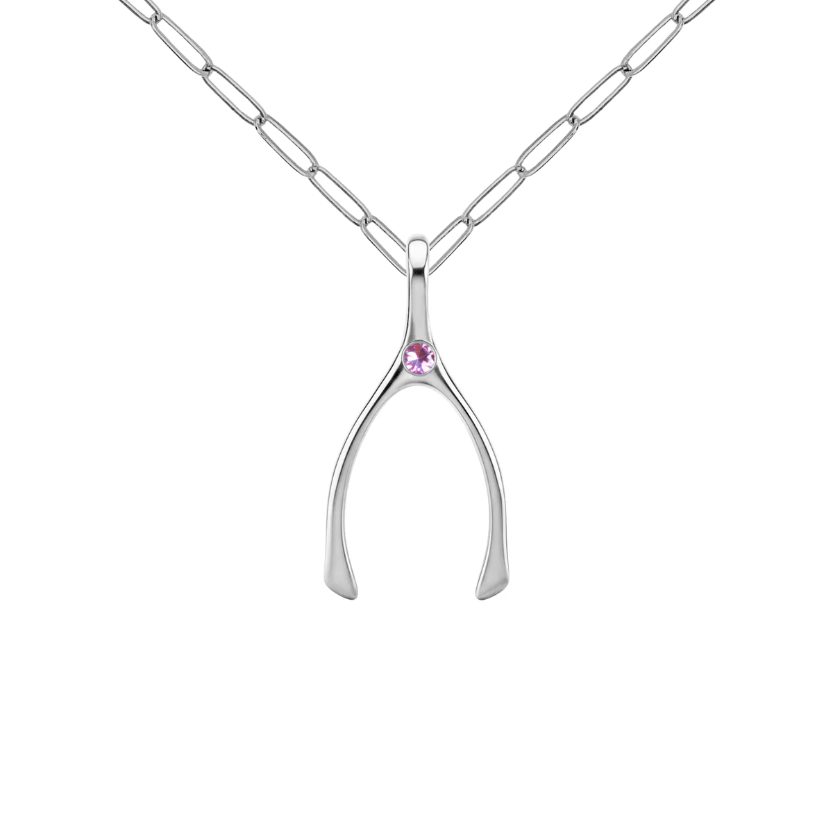 Small Pink Sapphire Wishbone Pendant in Solid 14k Gold (October)
