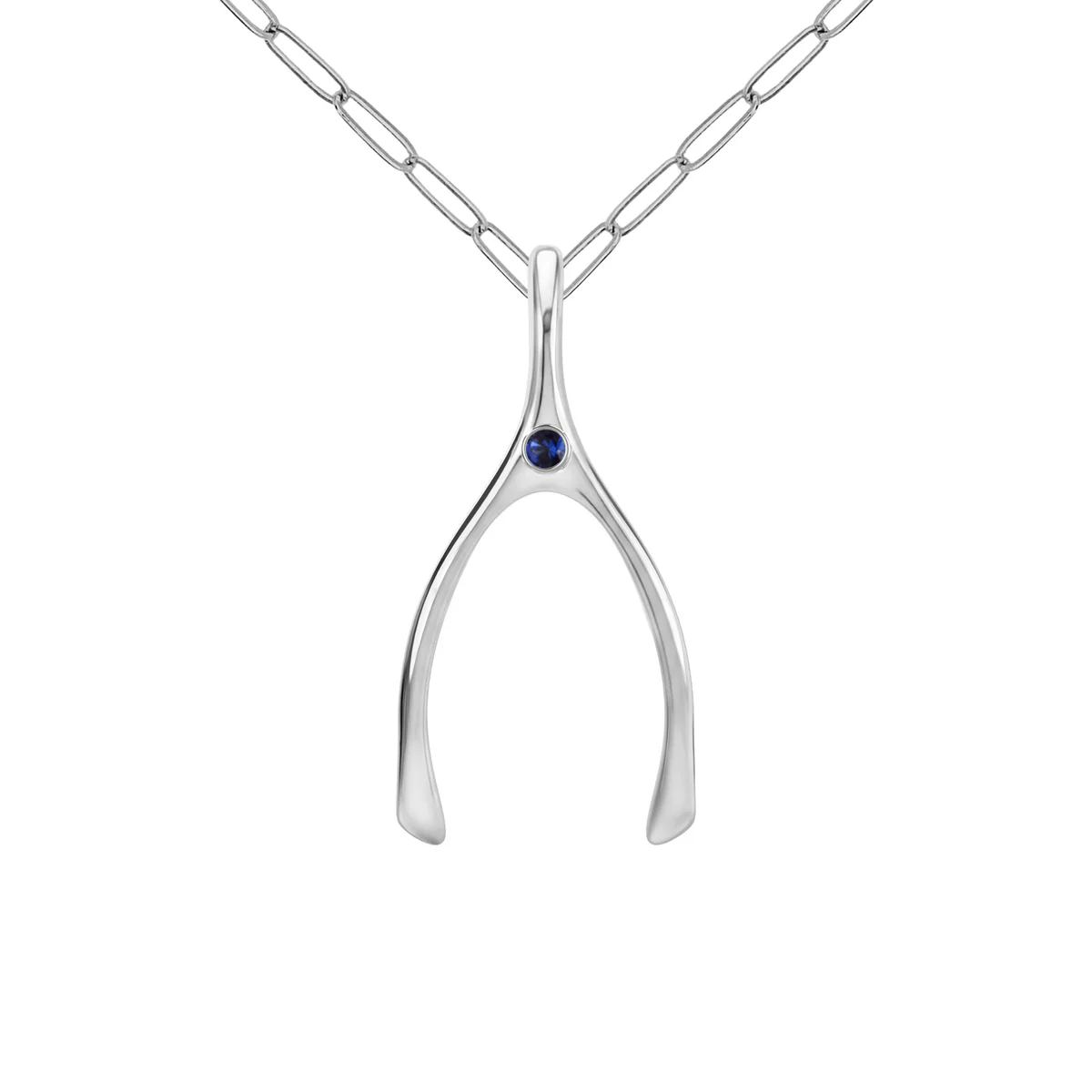 Large Sapphire Wishbone Pendant in Solid 14k Gold (September)