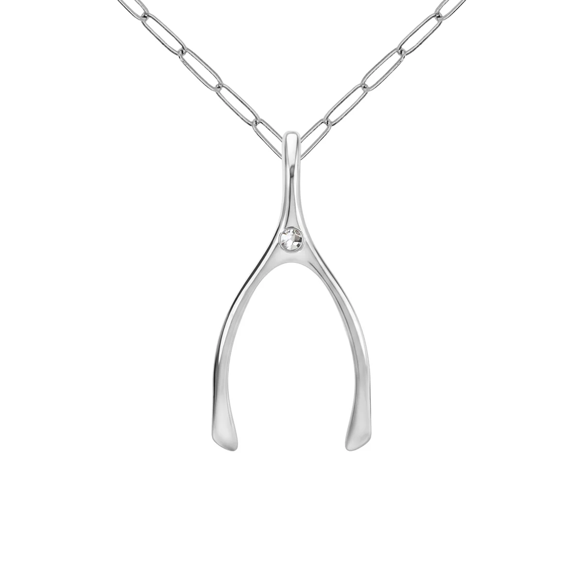Large White Topaz Wishbone Pendant in Solid 14k Gold (April)