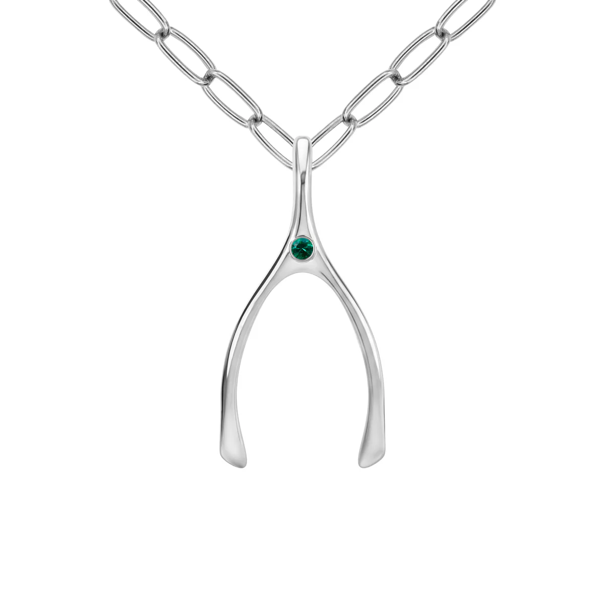 Large Emerald Wishbone Pendant in Solid 14k Gold (May)