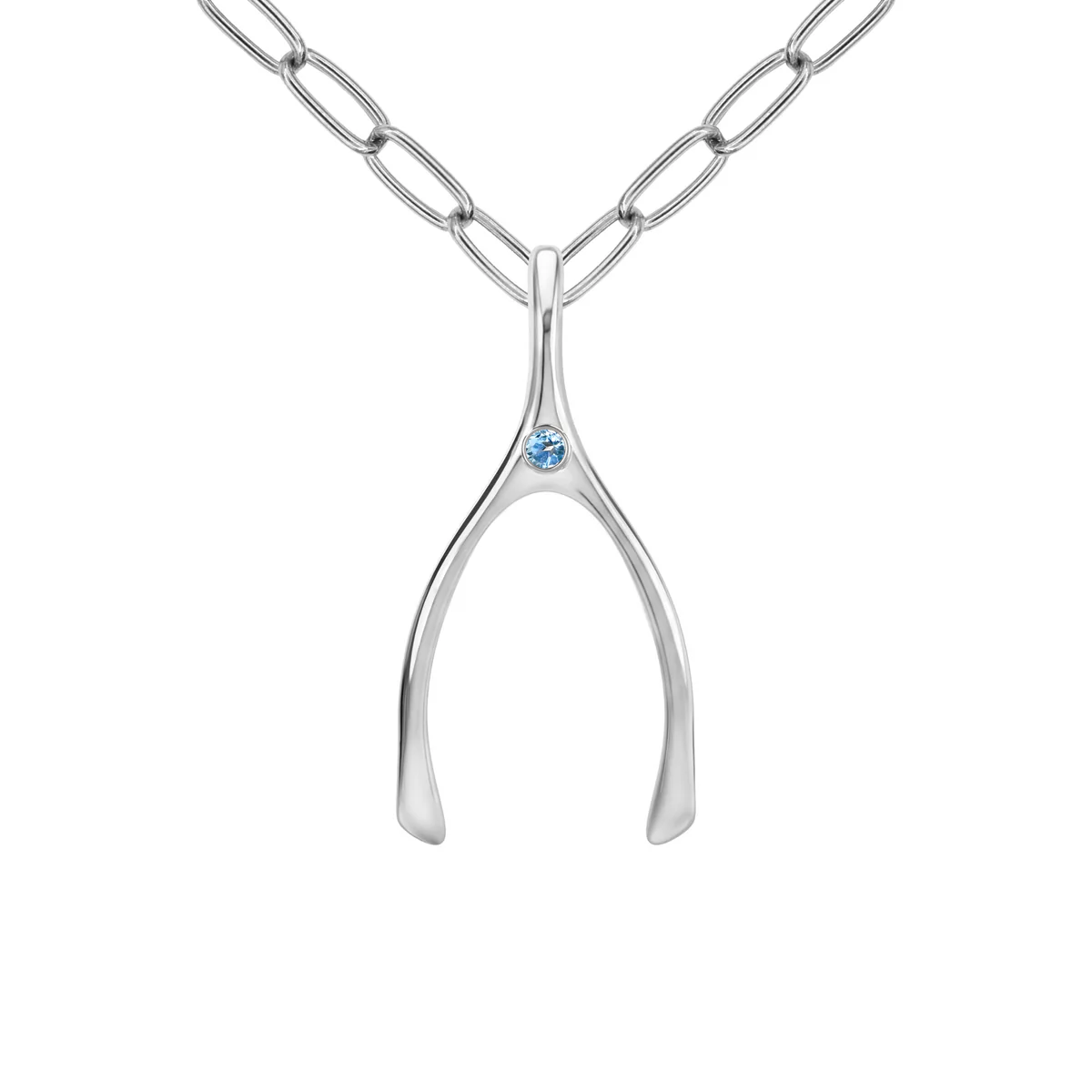 Large Nantucket Blue Topaz Wishbone Pendant in Solid 14k Gold (December)