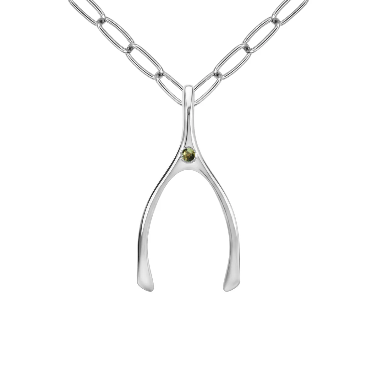 Large Peridot Wishbone Pendant in Solid 14k Gold (August)