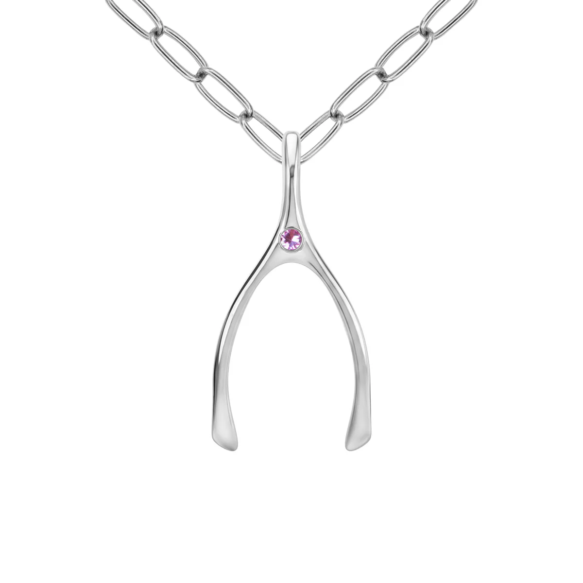 Large Pink Sapphire Wishbone Pendant in Solid 14k Gold (October)
