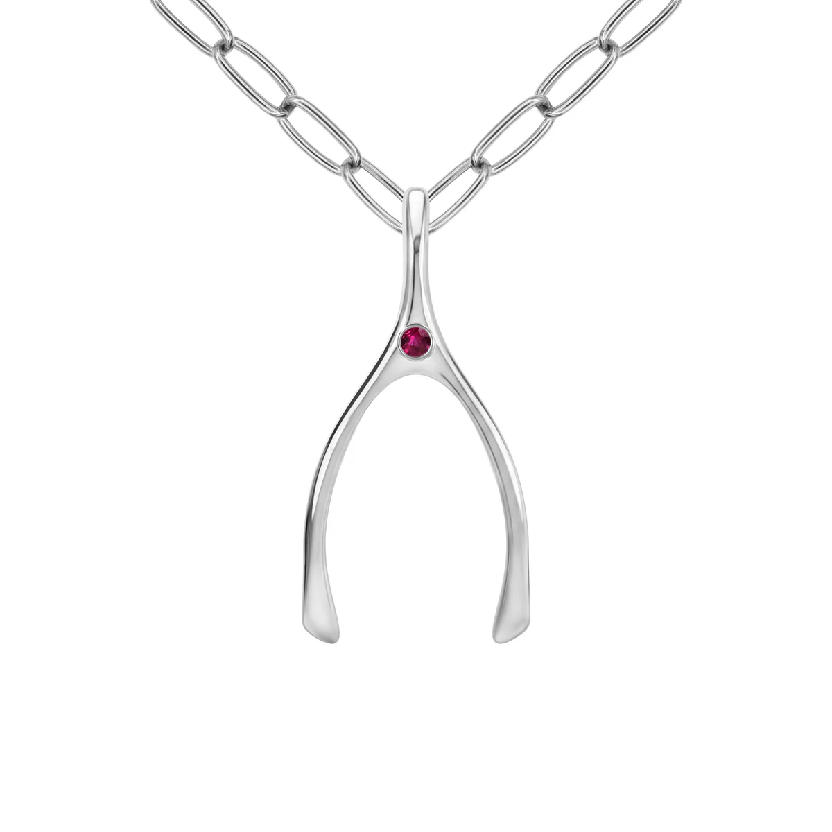 Large Ruby Wishbone Pendant in Solid 14k Gold (July)