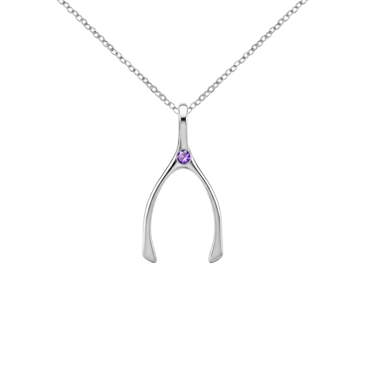 Small Amethyst Wishbone Pendant in Solid 14k Gold (February)