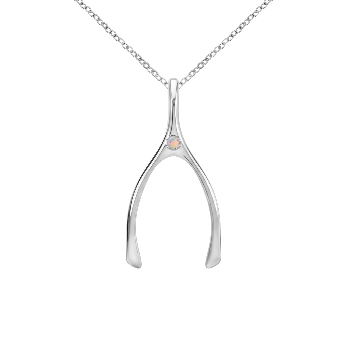 Large Opal Wishbone Pendant in Solid 14k Gold (October)
