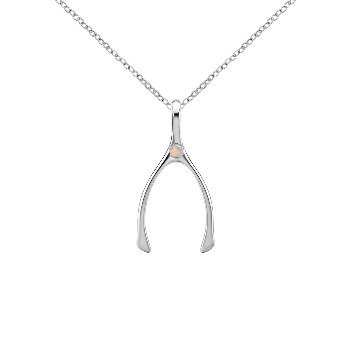Small Opal Wishbone Pendant in Solid 14k Gold (October)