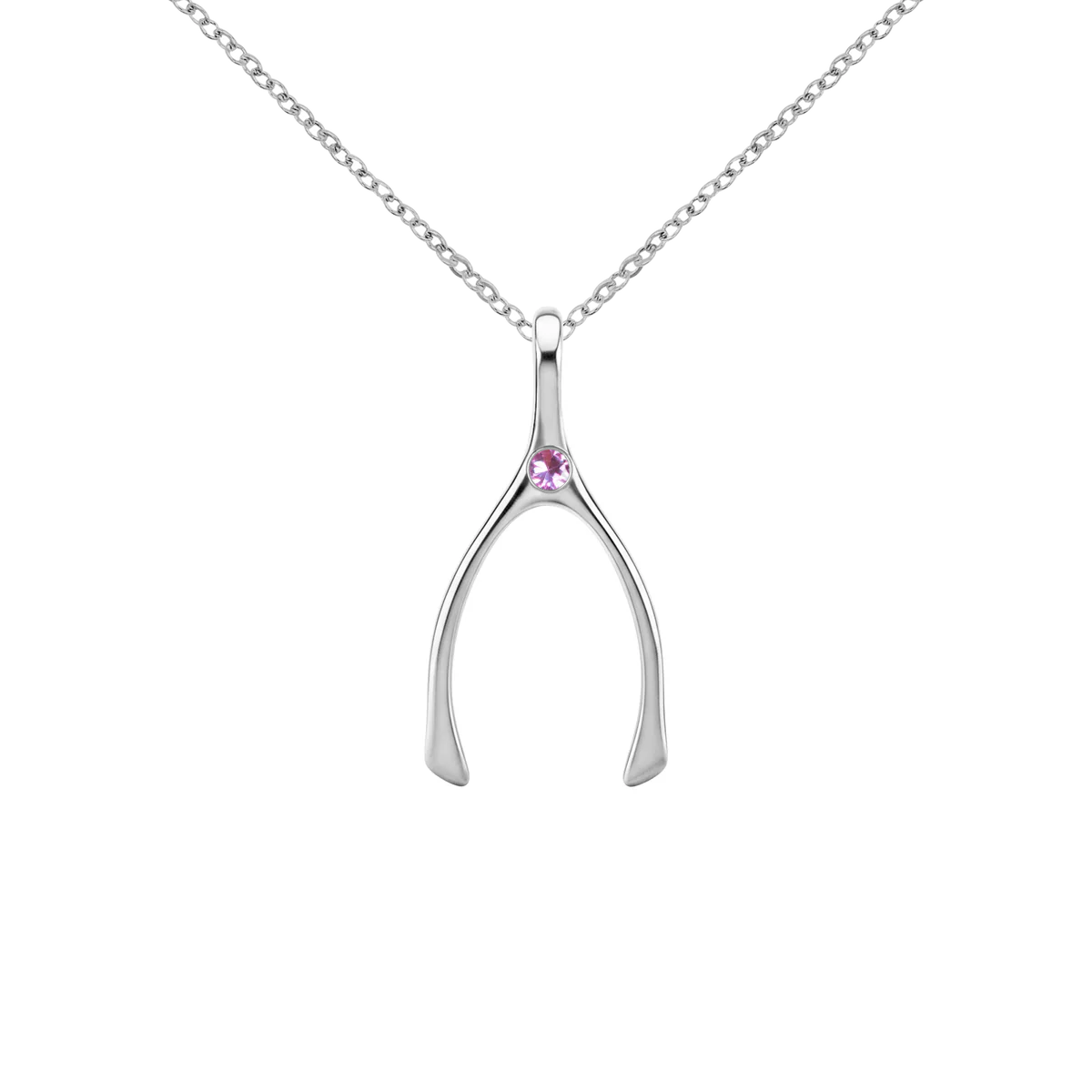 Small Pink Sapphire Wishbone Pendant in Solid 14k Gold (October)