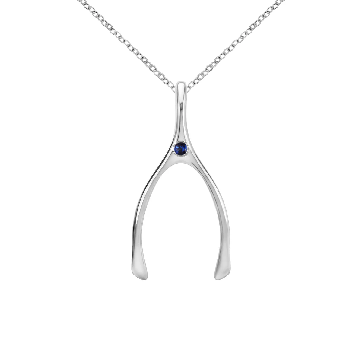 Large Sapphire Wishbone Pendant in Solid 14k Gold (September)