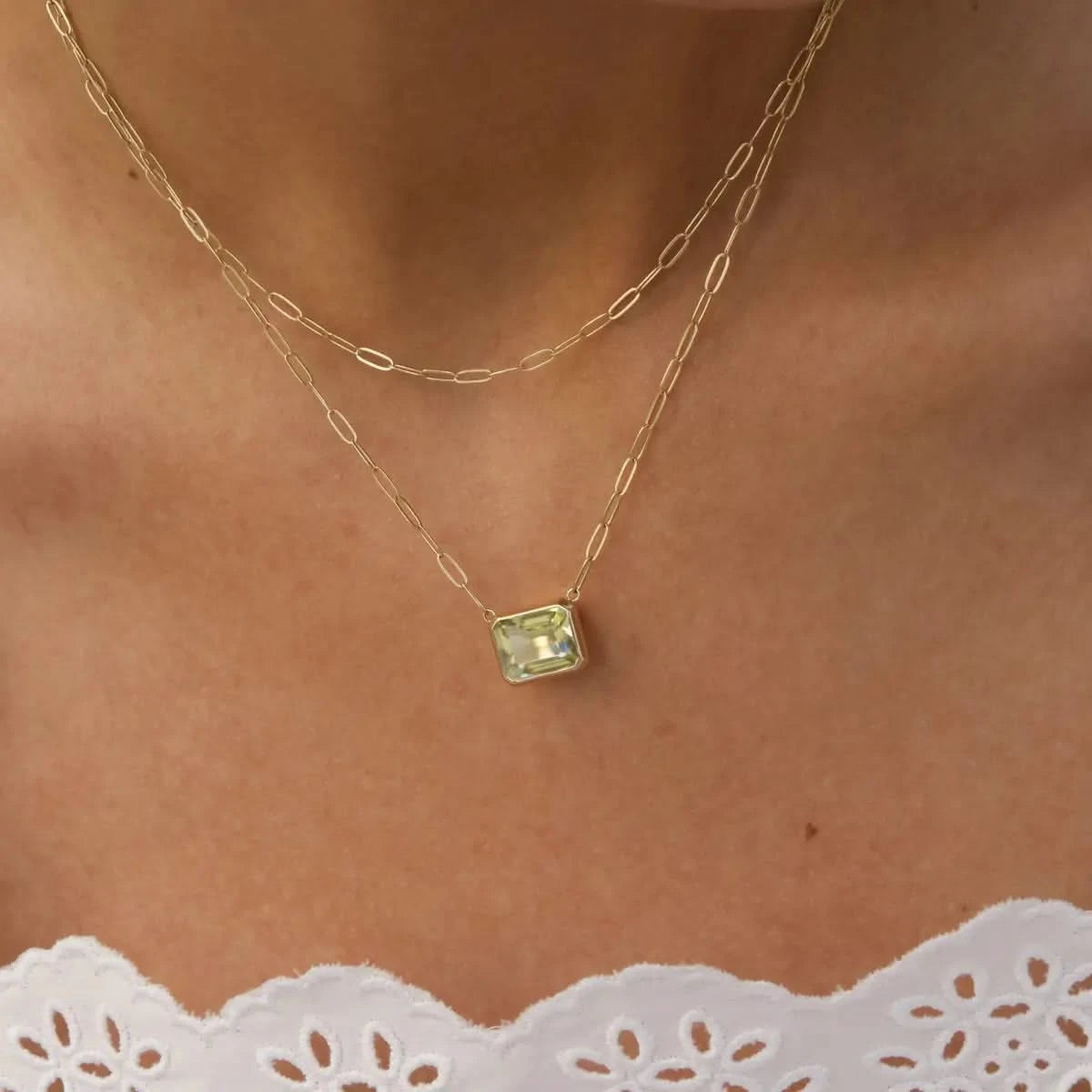 Warren Lemon Verbena Quartz Necklace on Adelaide Mini Chain in 14k Gold (August)