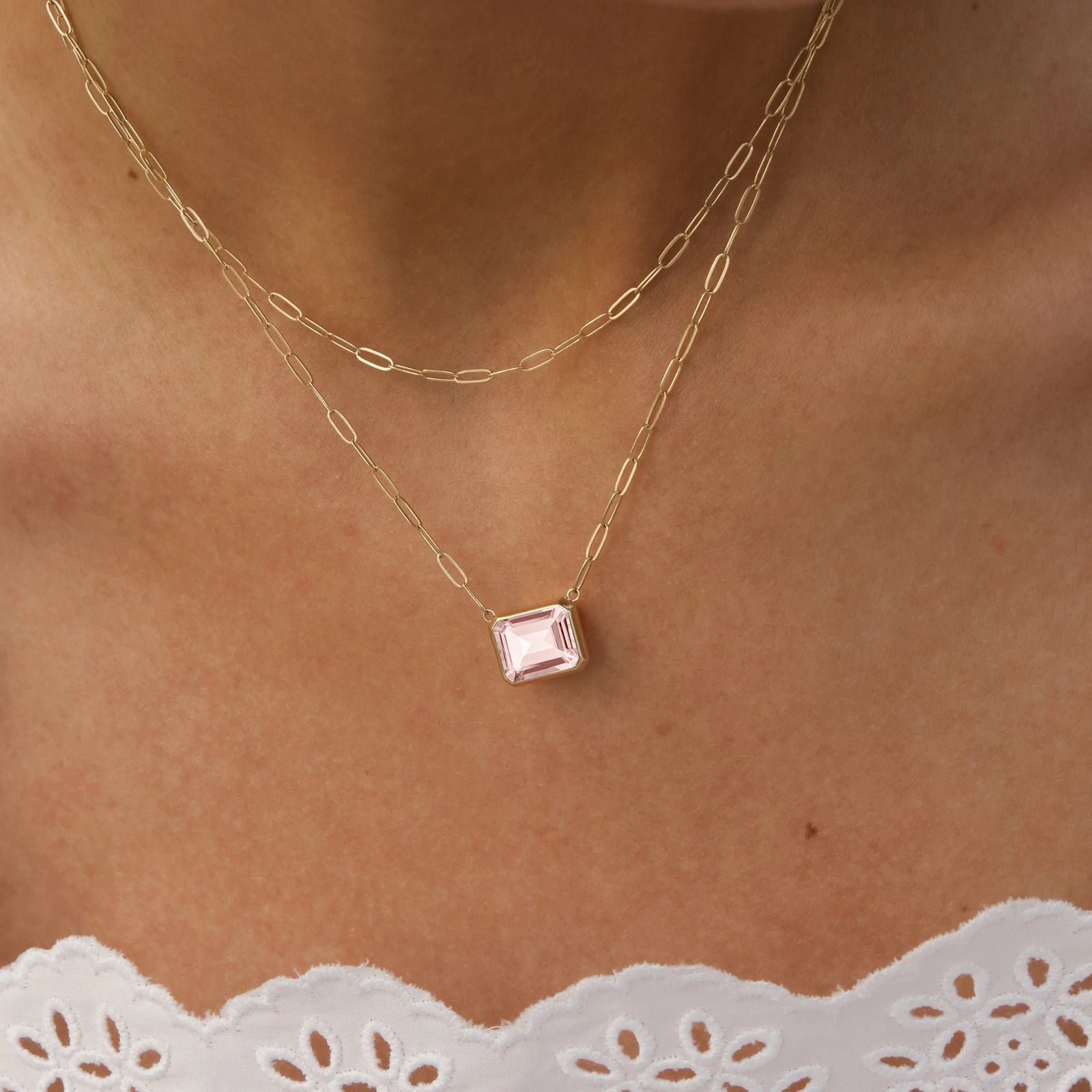 Warren Blush Sapphire Necklace on Adelaide Mini Chain in 14k Gold (October)