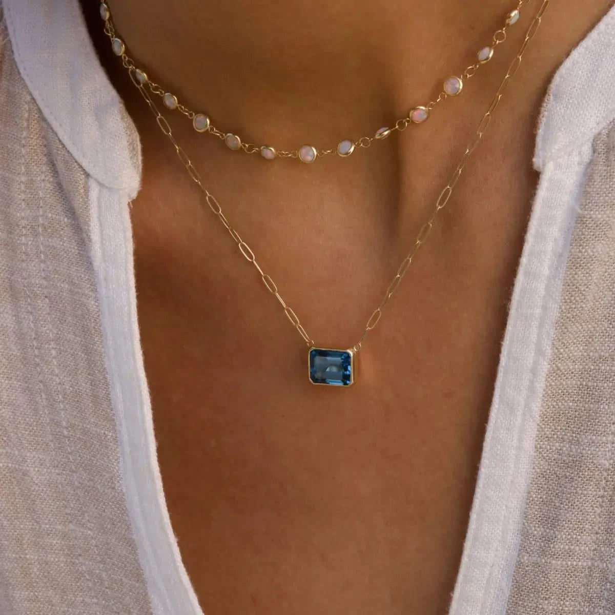 Warren Atlantic Blue Topaz Necklace on Adelaide Mini Chain in 14k Gold (December)