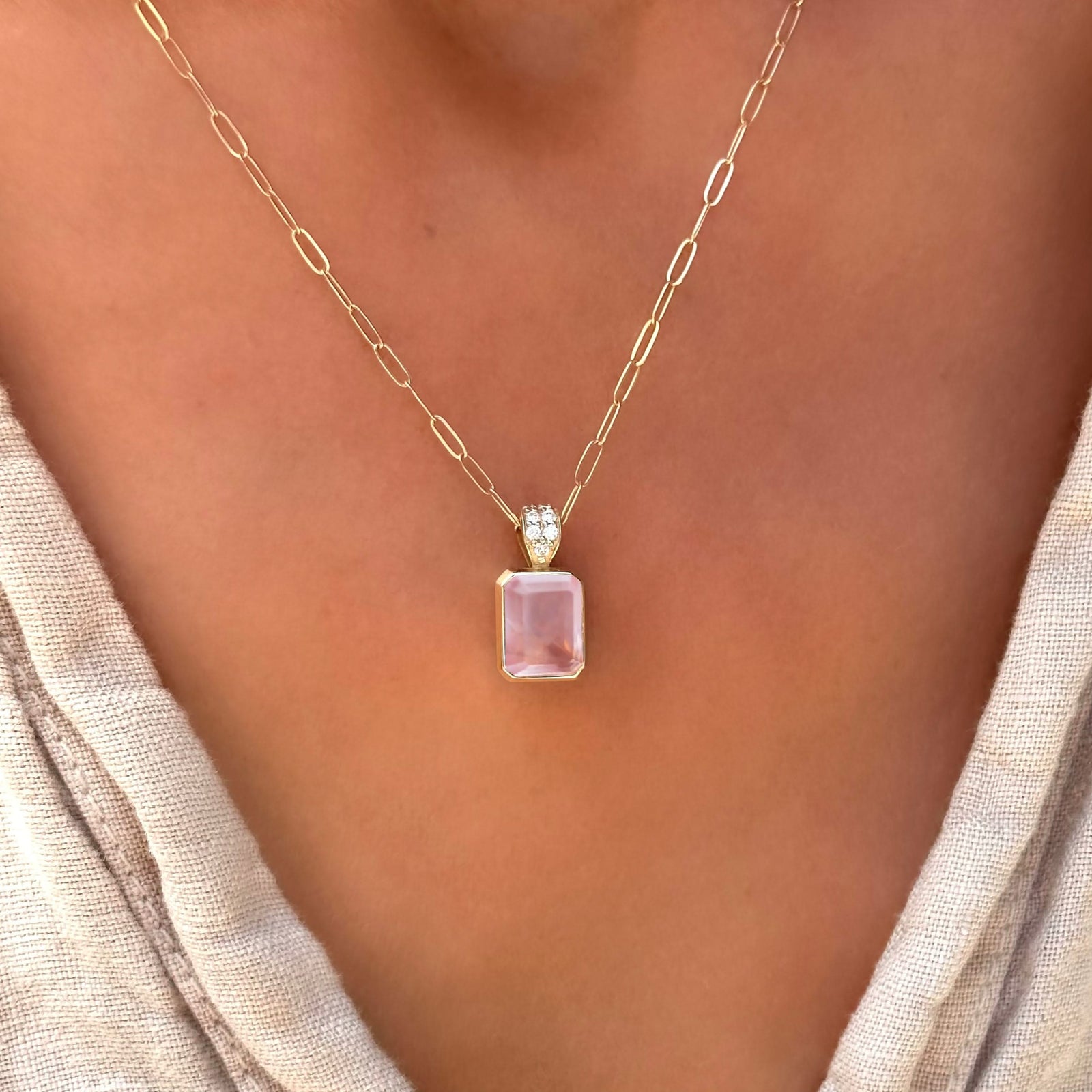 Warren Rose Quartz Pendant with Diamond Bale in 14k Gold (October)