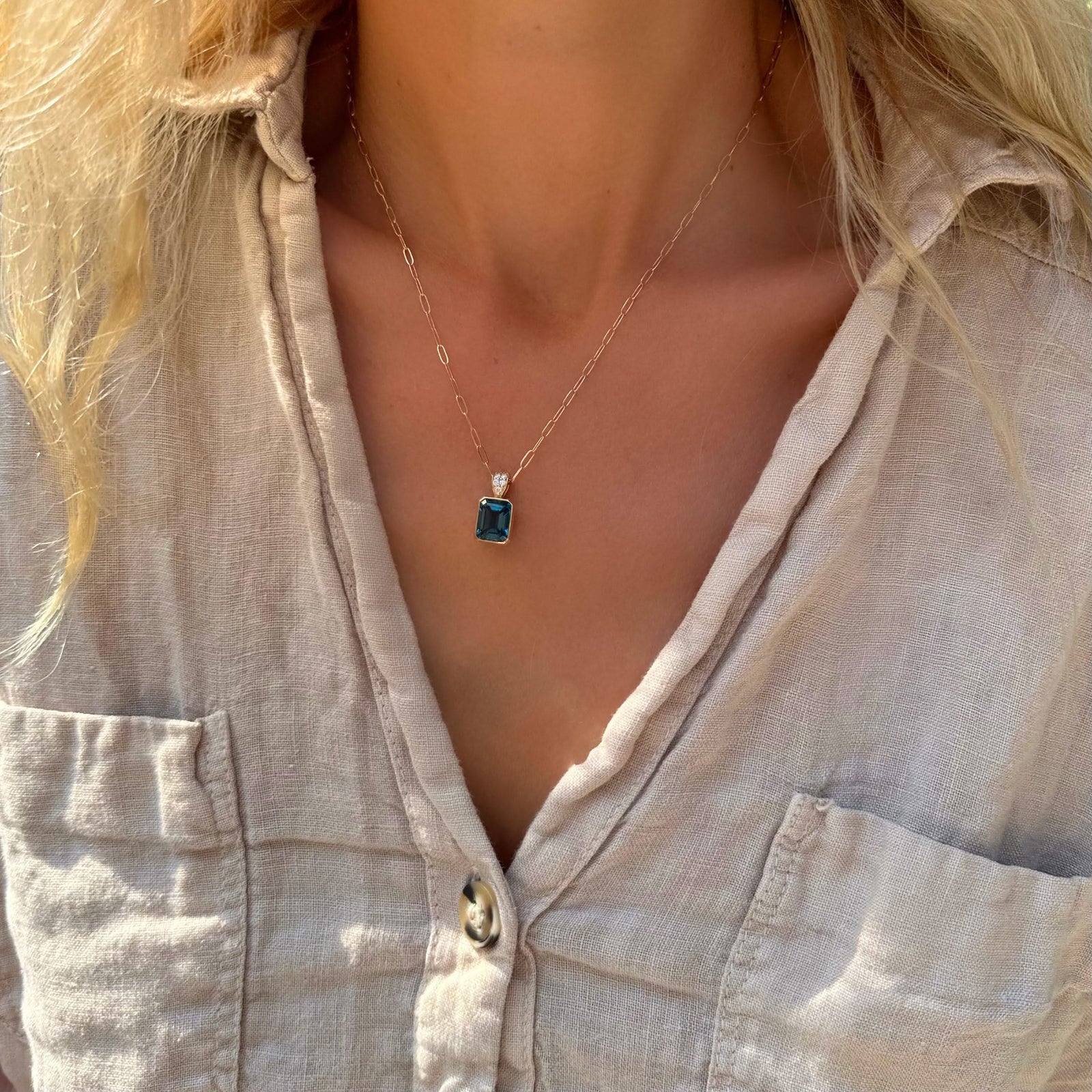 Warren Atlantic Blue Topaz Pendant with Diamond Bale in 14k Gold (December)