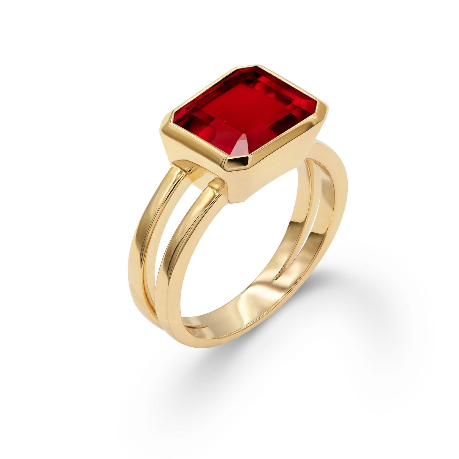 Warren Horizontal Garnet Ring, featuring an emerald-cut 8 x 10mm Garnet in 14k gold, hand-set horizontally in a 14k-gold bezel - aspect view.