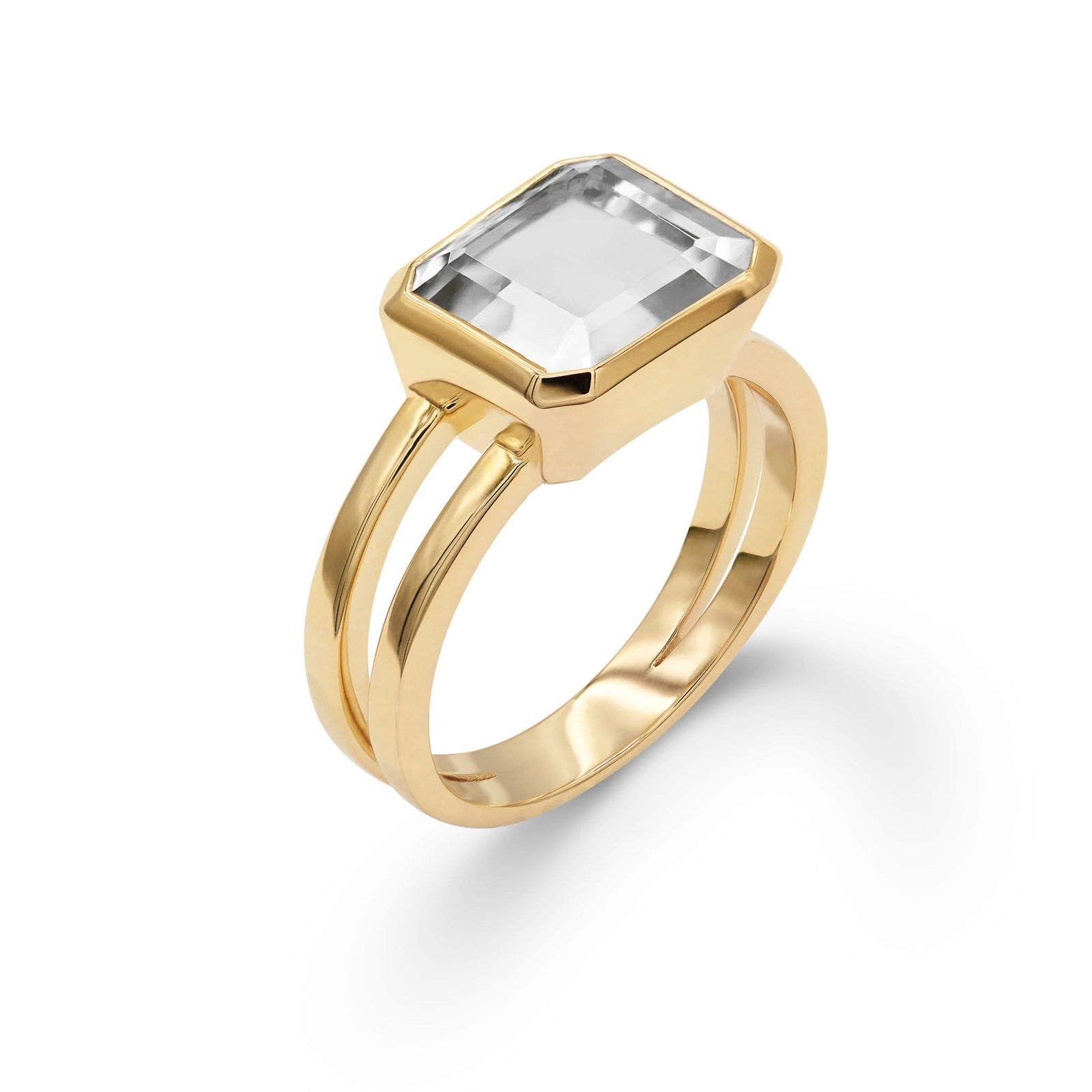 Warren Horizontal White Topaz Ring, featuring an emerald-cut 8 x 10mm White Topaz in 14k gold, hand-set horizontally in a 14k-gold bezel - aspect view.