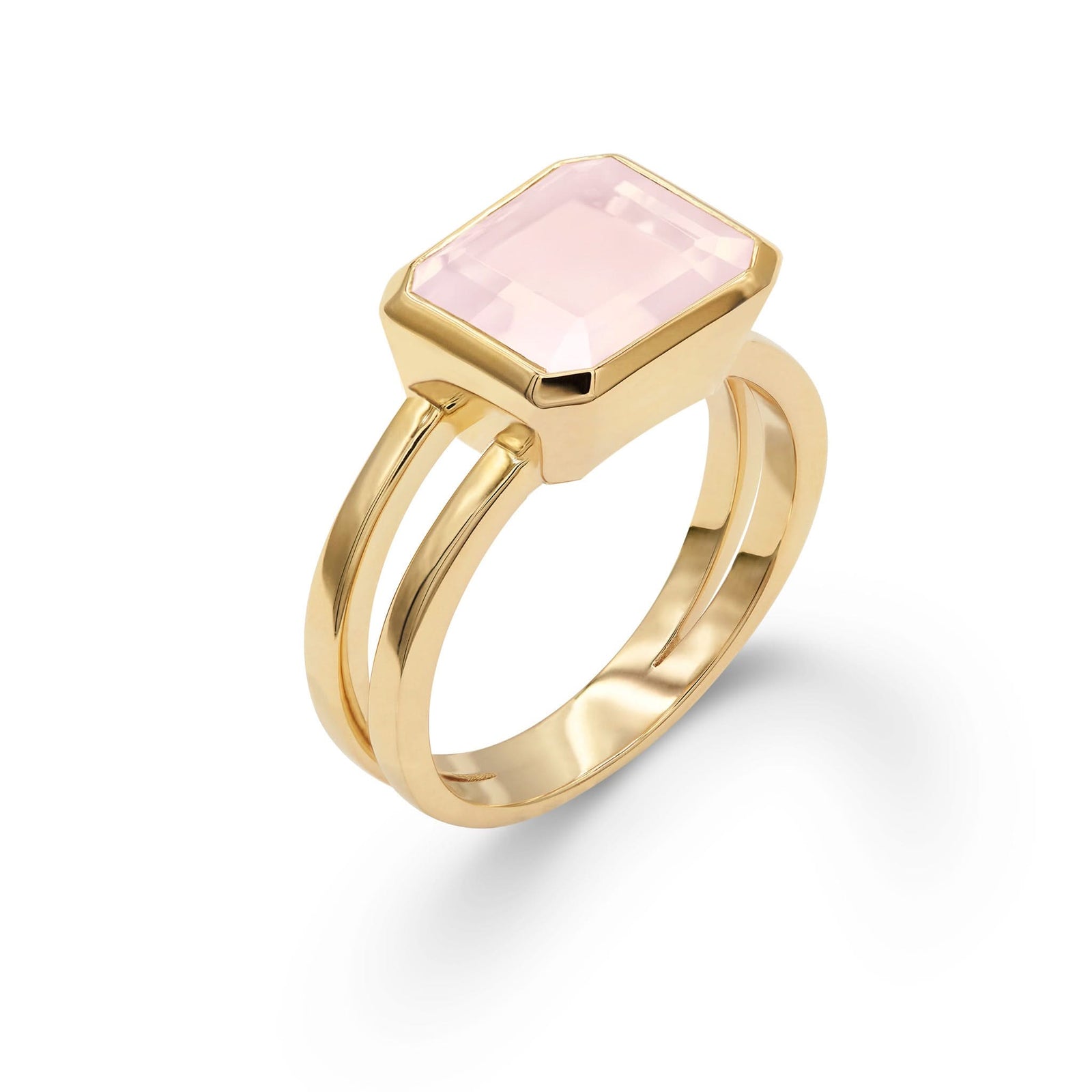 Warren Horizontal Rose Quartz Ring, featuring an emerald-cut 8 x 10mm Rose Quartz in 14k gold, hand-set horizontally in a 14k-gold bezel - aspect view.