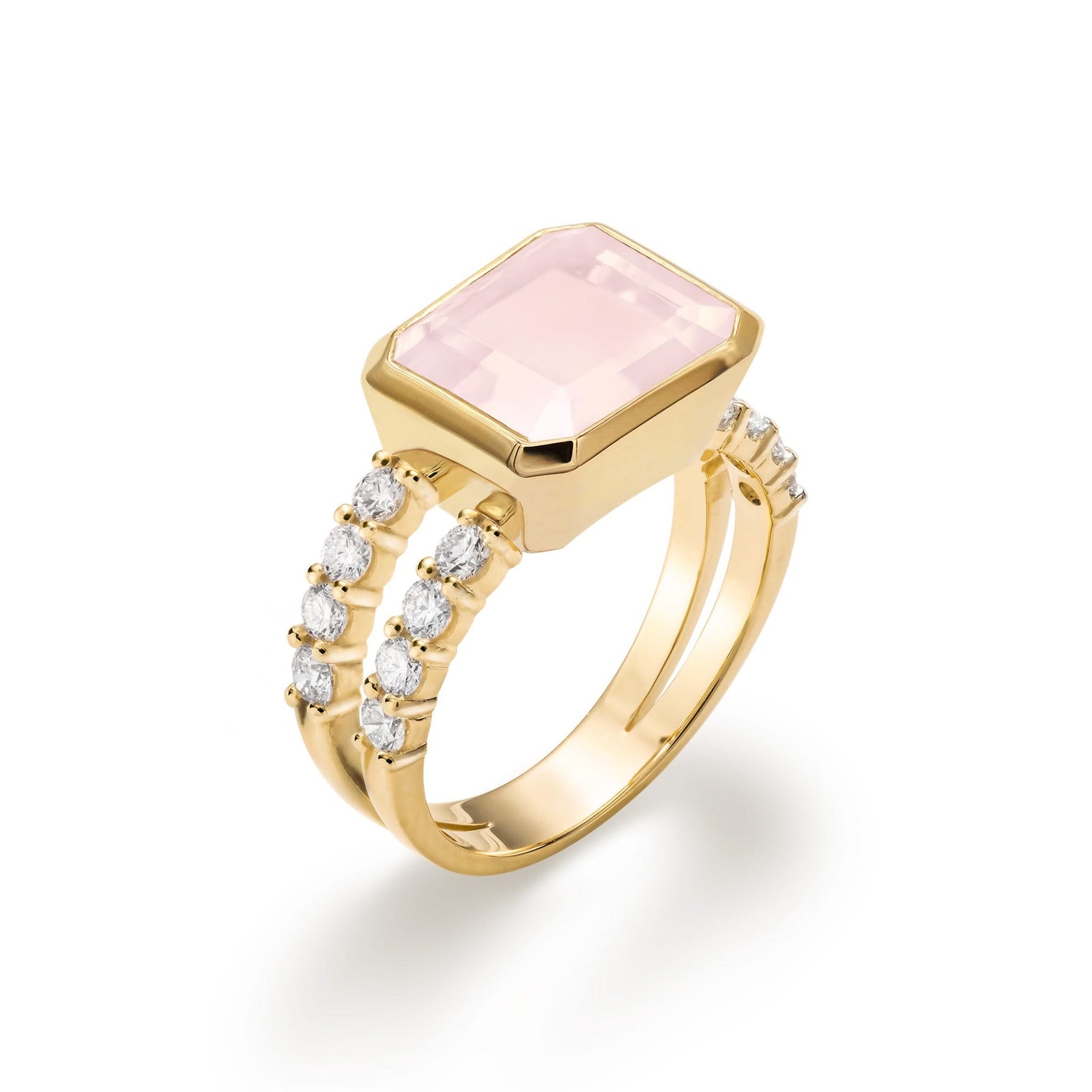 Warren Horizontal Rose Quartz Ring with Diamonds, featuring an 8 x 10mm Rose Quartz and 16 prong-set diamonds in 14k gold - aspect view.