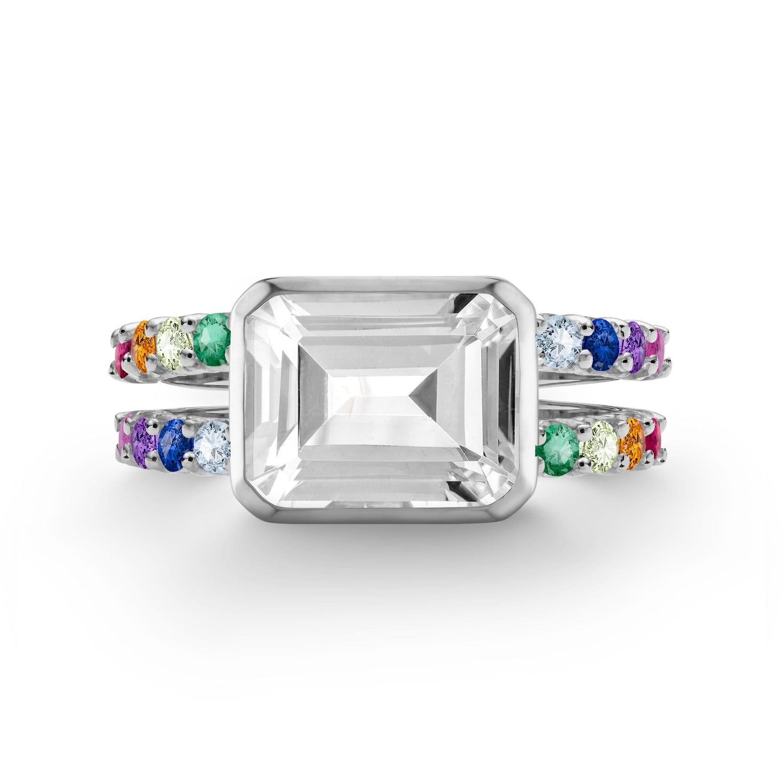 Personalized Rainbow Warren Horizontal Ring in 14k white gold with a rainbow of eight colorful accent gems on both sides - front view.