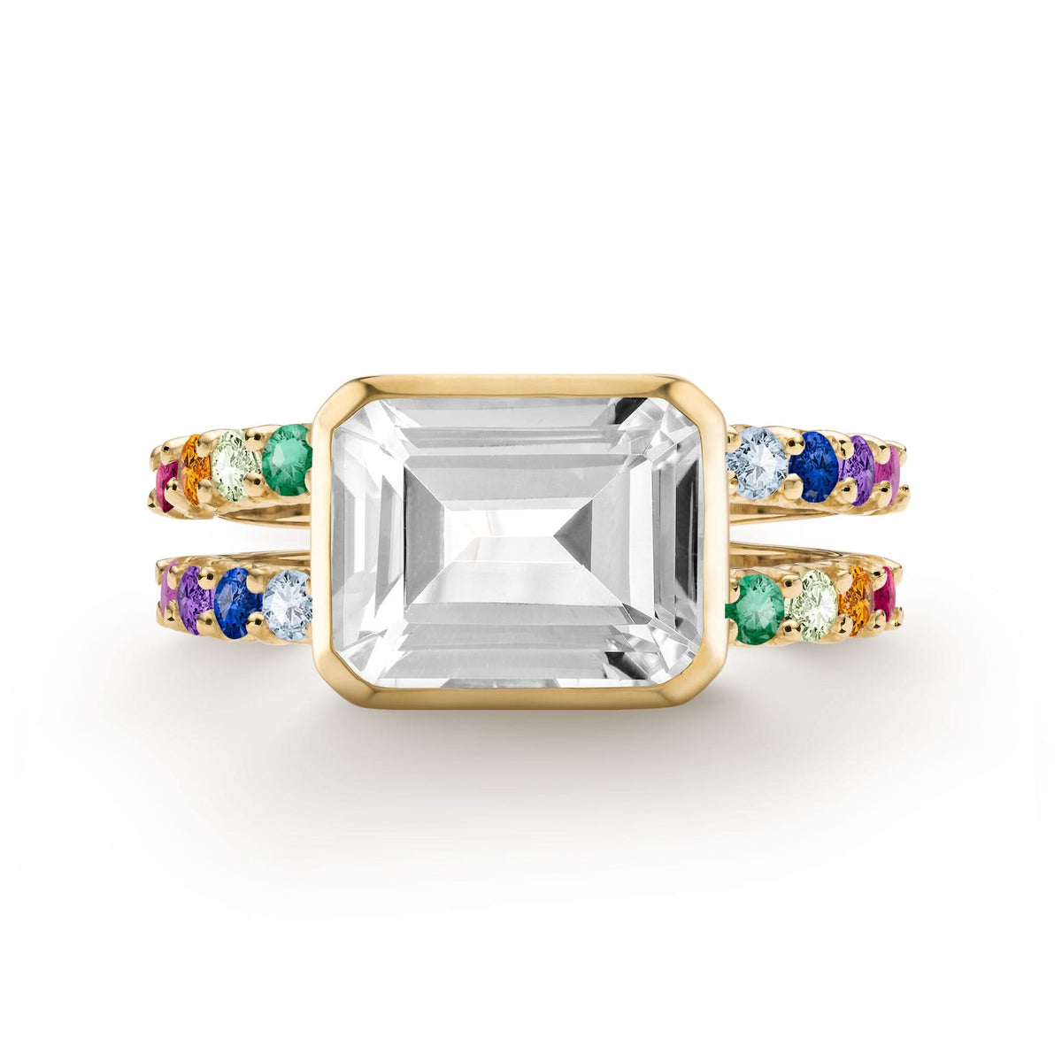 Personalized Rainbow Warren Horizontal Ring in 14k gold with a rainbow of eight colorful accent gems on both sides - front view.