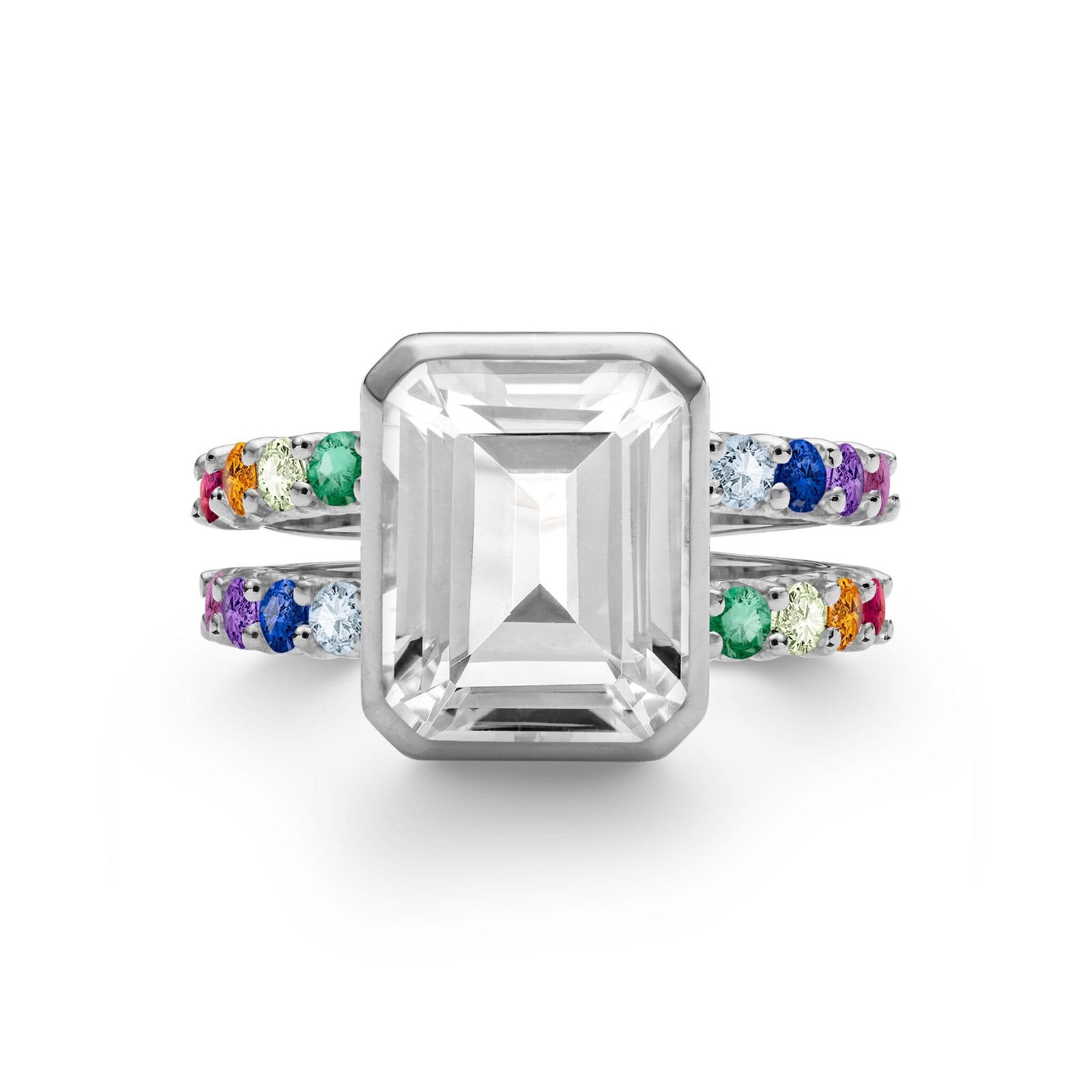 Personalized Rainbow Warren Vertical Ring in 14k white gold with a rainbow of eight colorful accent gems on both sides - front view.