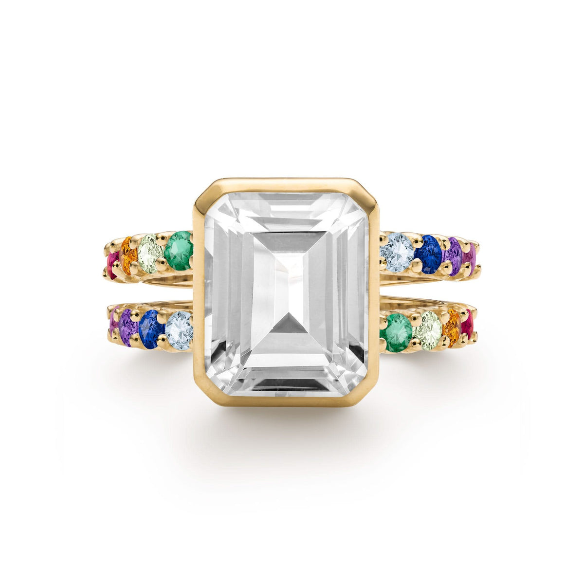 Personalized Rainbow Warren Vertical Ring in 14k gold with a rainbow of eight colorful accent gems on both sides - front view.