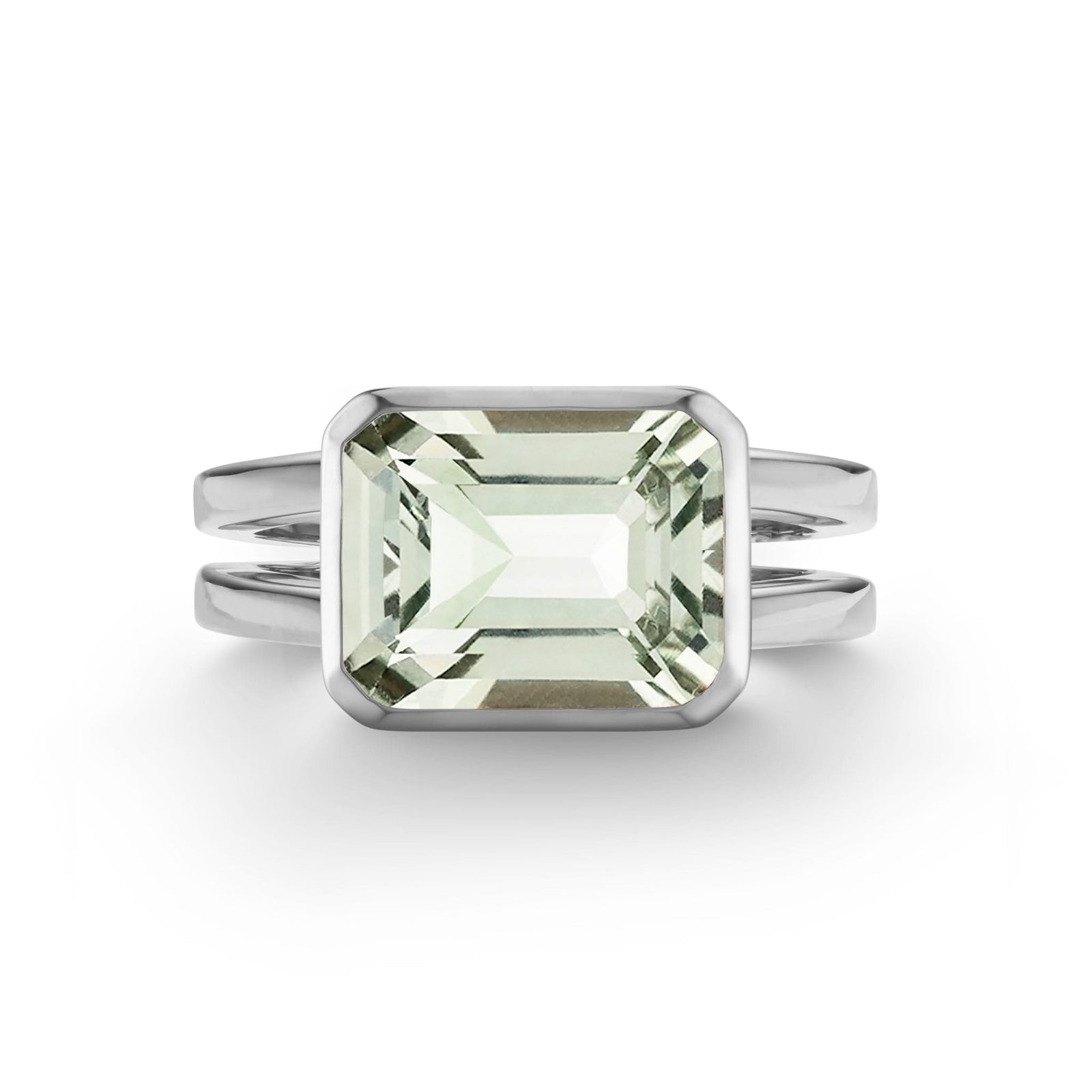 Warren Horizontal Green Amethyst Ring, featuring an emerald-cut 8 x 10mm Green Amethyst in 14k gold, hand-set horizontally in a 14k white gold bezel - front view.