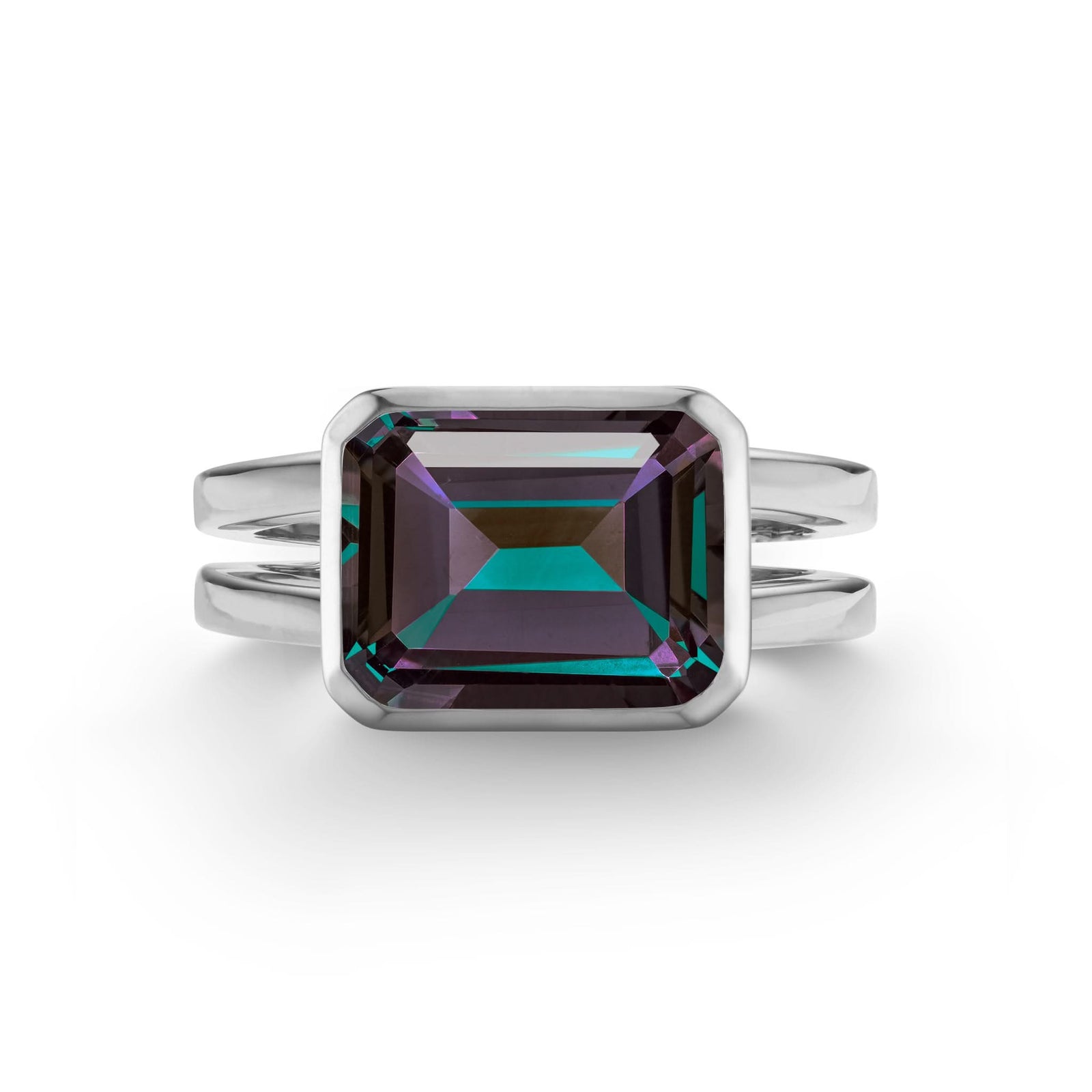 Warren Horizontal Alexandrite Ring in the 14k white gold, featuring a color-changing and-faceted, bezel-set 8 x 10mm Alexandrite - front view