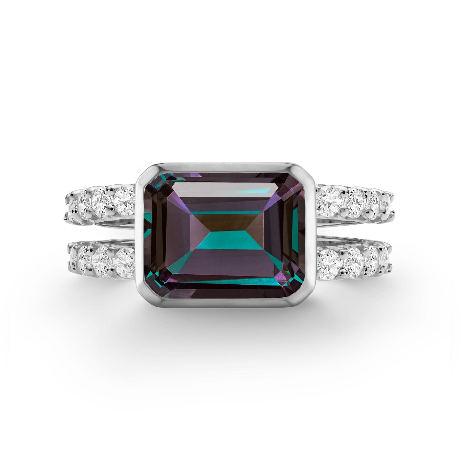 Warren Horizontal Alexandrite Ring with Diamonds in the 14k white gold, featuring a color-changing 8x10mm Alexandrite and sustainably grown diamonds - front view