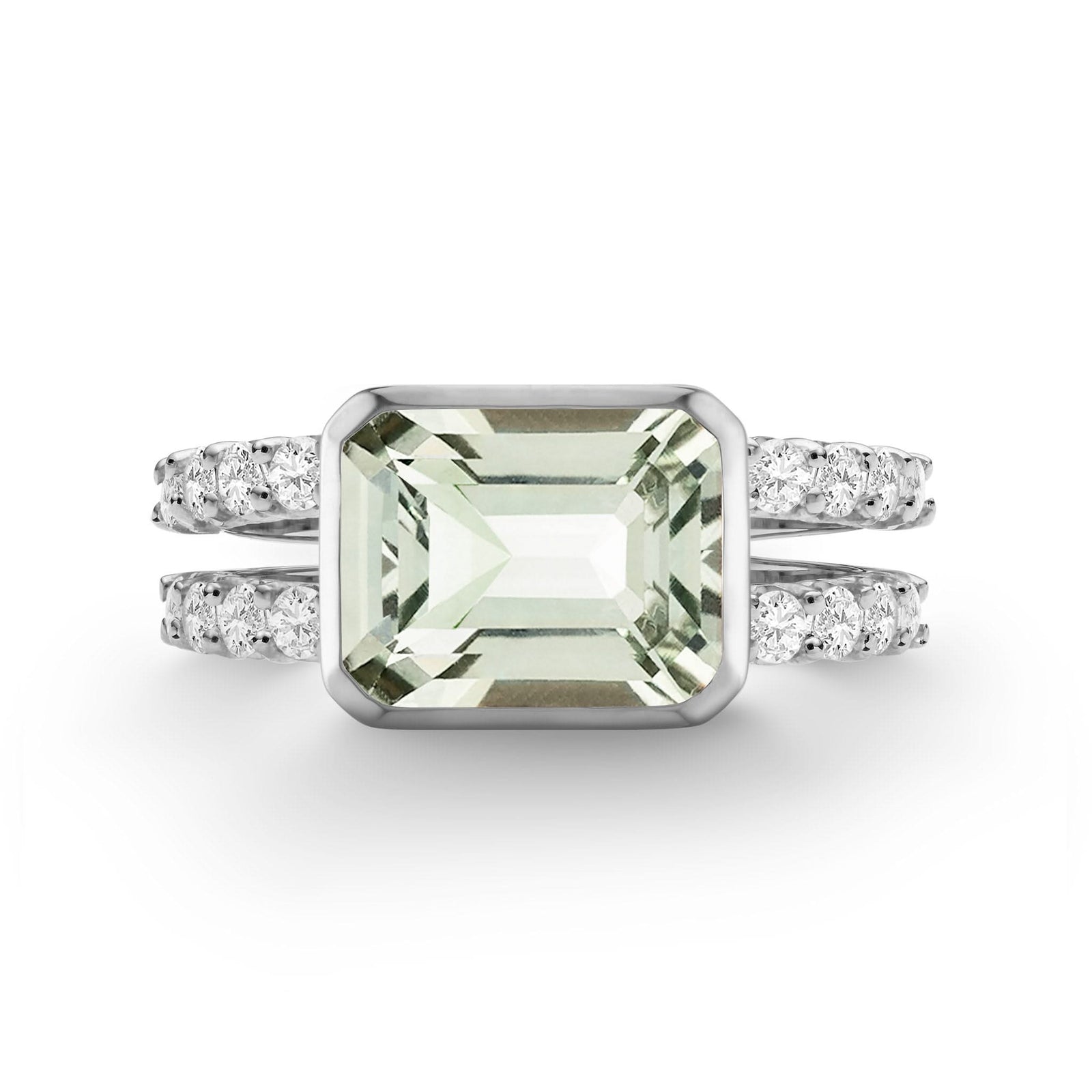 Warren Horizontal Green Amethyst Ring with Diamonds, featuring an 8 x 10mm Green Amethyst and 16 prong-set diamonds in 14k white gold - front view.