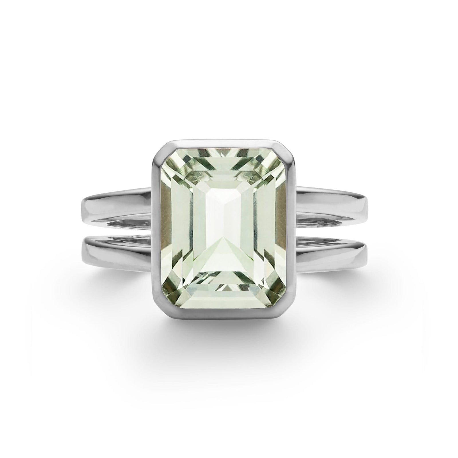 Warren ring in 14k white gold featuring one 10 x 8 mm Green Amethyst cut bezel set Green Amethyst - front view